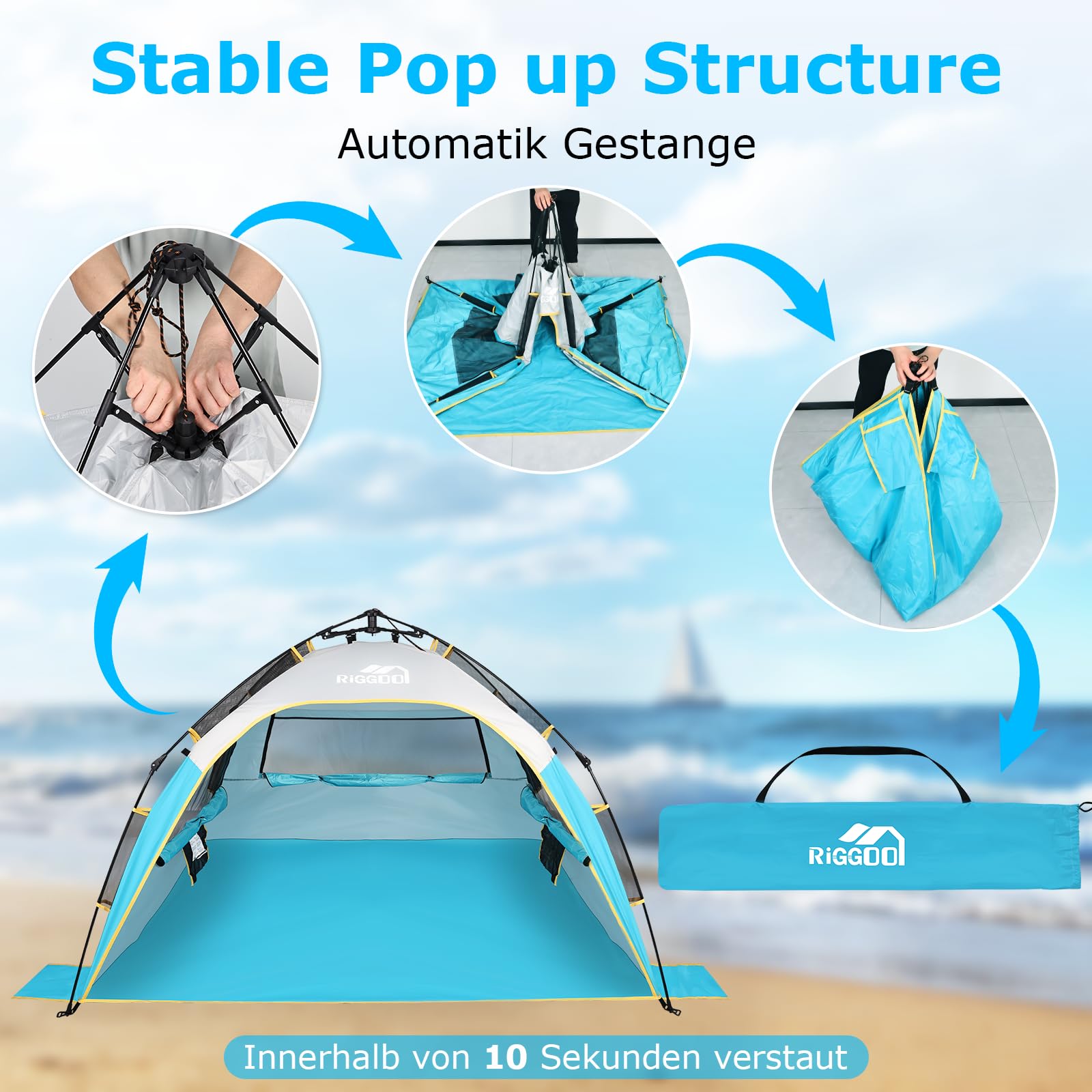 Tente de plage automatique avec protection UV 50+, 210 x 150 x 130 cm, pour 4 personnes, montage rapide en quelques secondes, petite taille une fois repliée, imperméable, coupe-vent, protection