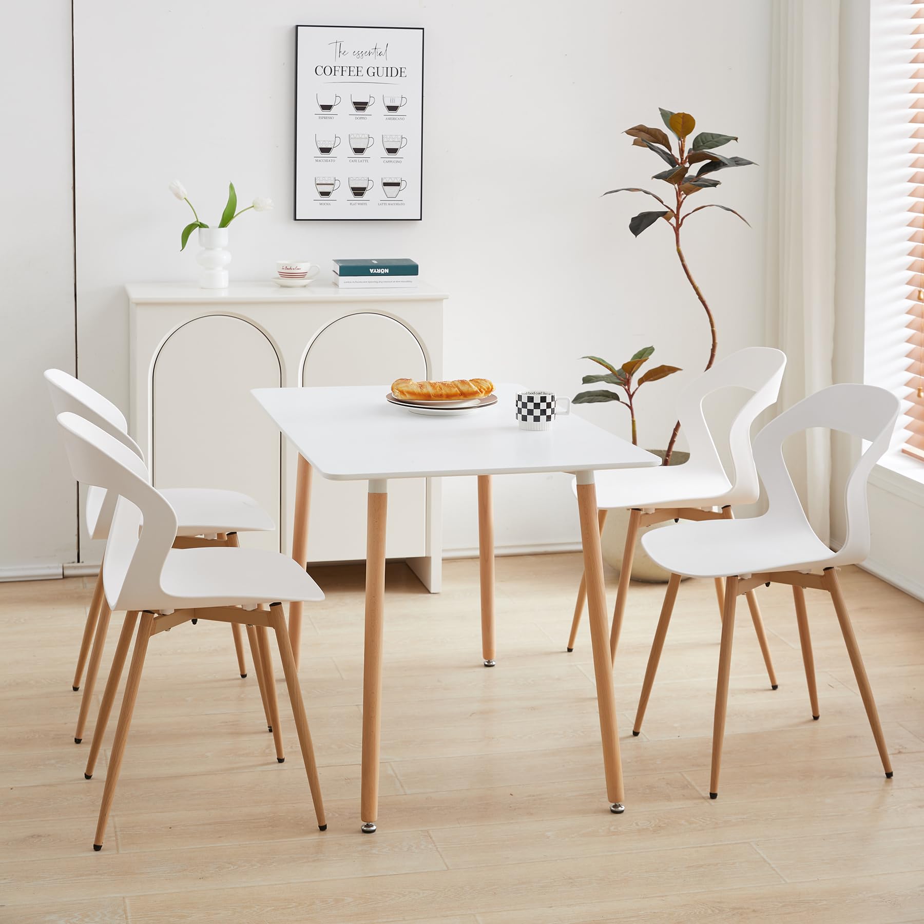 Set di 4 Sedie da Pranzo Moderne Sedie da Cucina con Gambe in Metallo (Rovere), Sedie da Ufficio in Stile Scandinavo, Design con Schienale Cavo, Bianco+Rovere