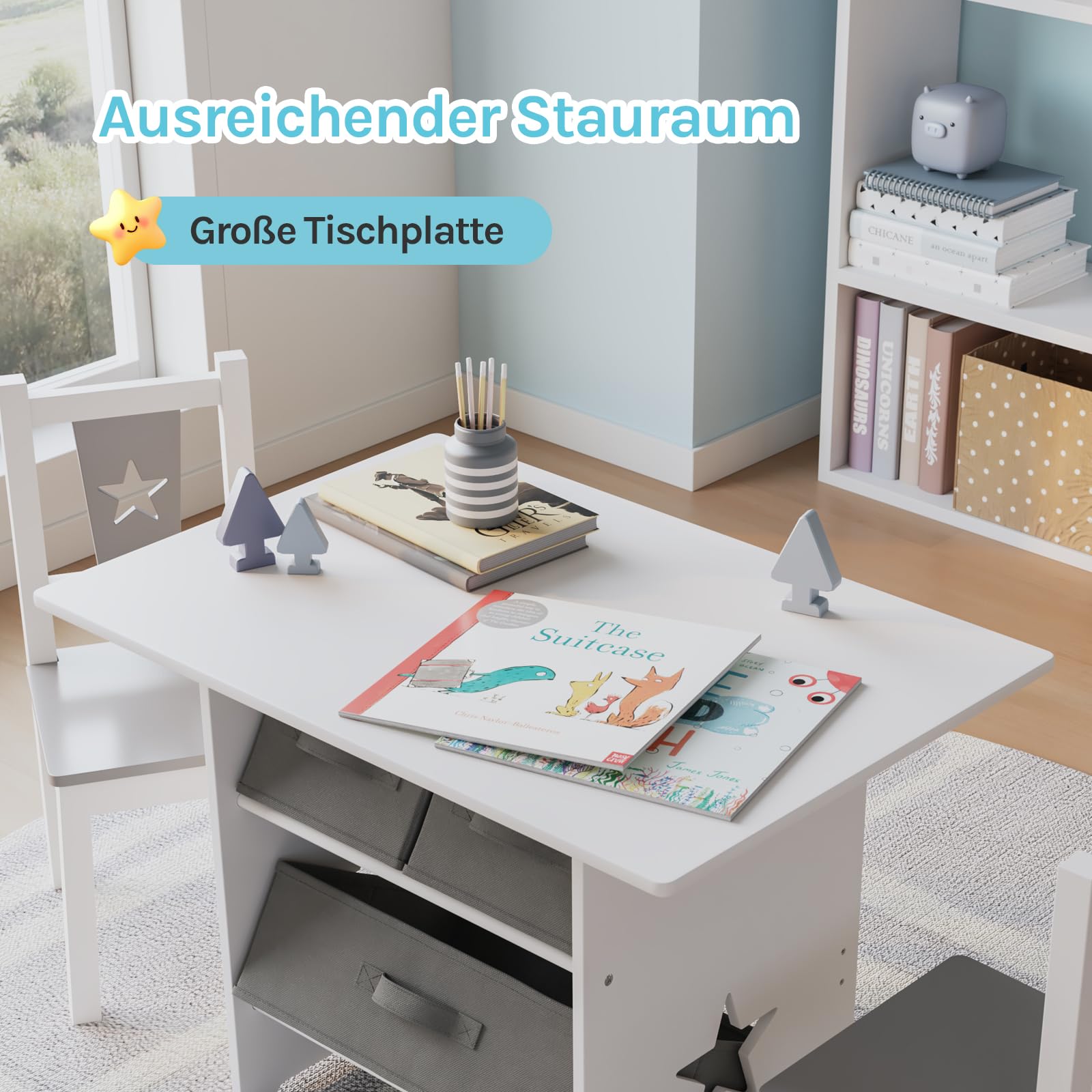 WOLTU Kindersitzgruppe, 1 Kindertisch und 2 Stühle, Kindertisch mit Stauraum, Kindermöbel Set aus Holz, mit 3 Aufbewahrungskörben, Sitzgruppe für Kinder, Grau + Weiß
