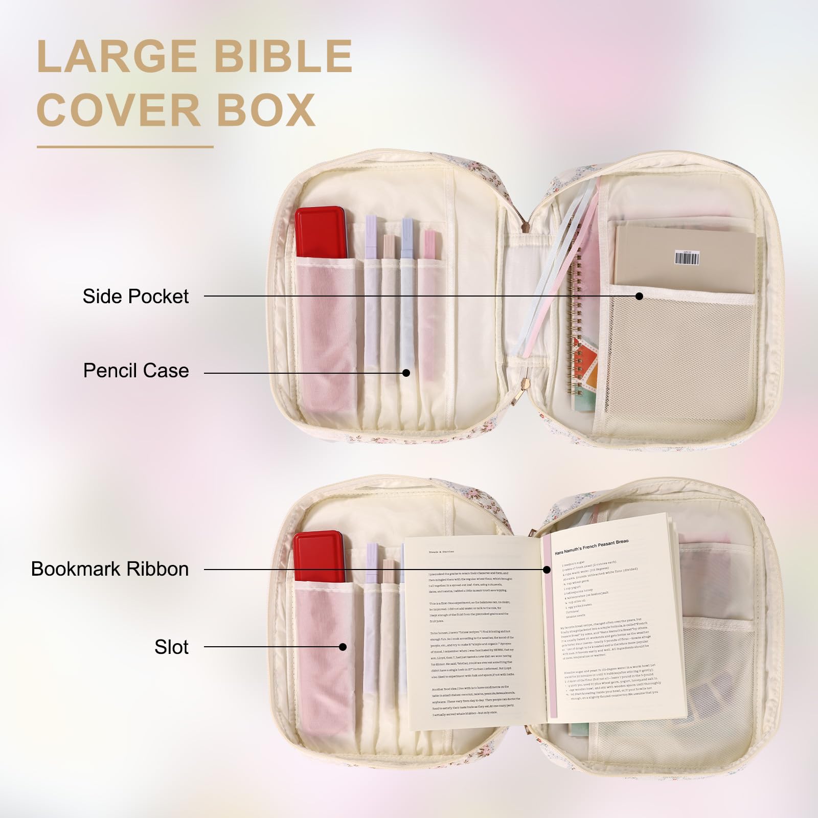 Quilted Bible Cover for Women, Large Spliced Floral Portable Bible Carrying Case with Durable Handle Study Supplies Accessories & Christian Bag for Girls - Image 3