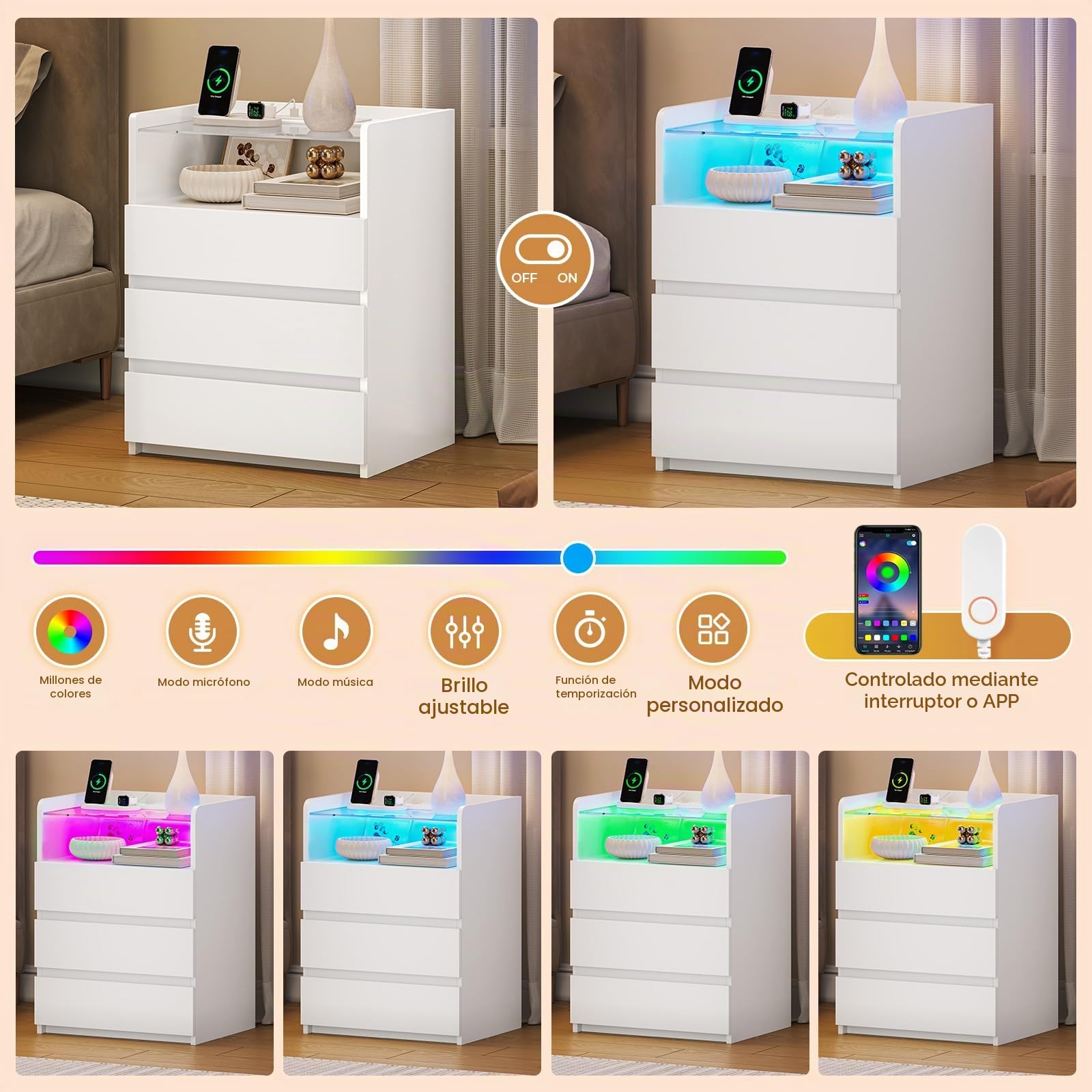 Mesitas de Noche con Estación de Carga, Mesilla de Noche con LED y Plano de Cristal, Mesa Auxiliar con 3 Cajones y 1 Compartimento Abierto, Mesa de Noche Cajonera Dormitorio Moderna para Salón