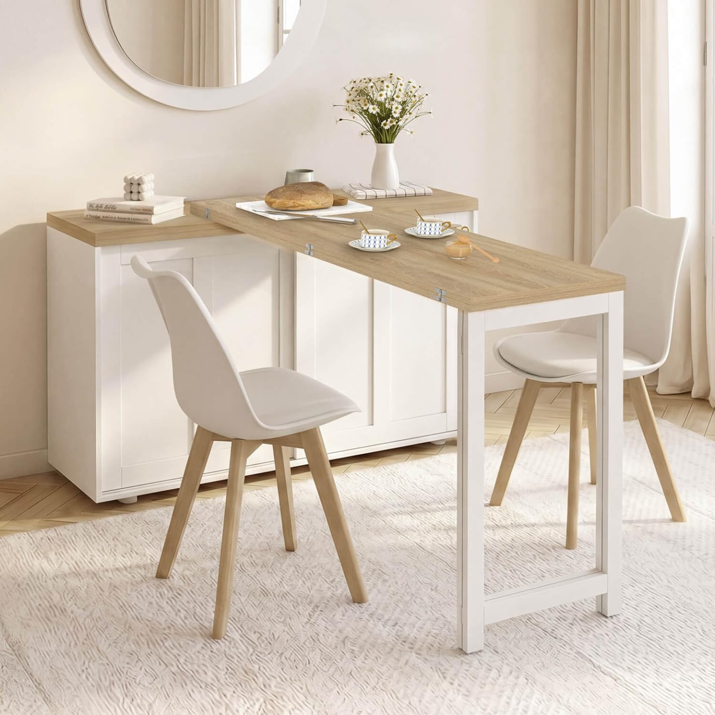 IDMarket - Ausziehbares Sideboard, 120 cm, 2 Schiebetüren, mit drehbarem und klappbarem Esstisch Jango für 2 bis 4 Personen, weiß und HOL