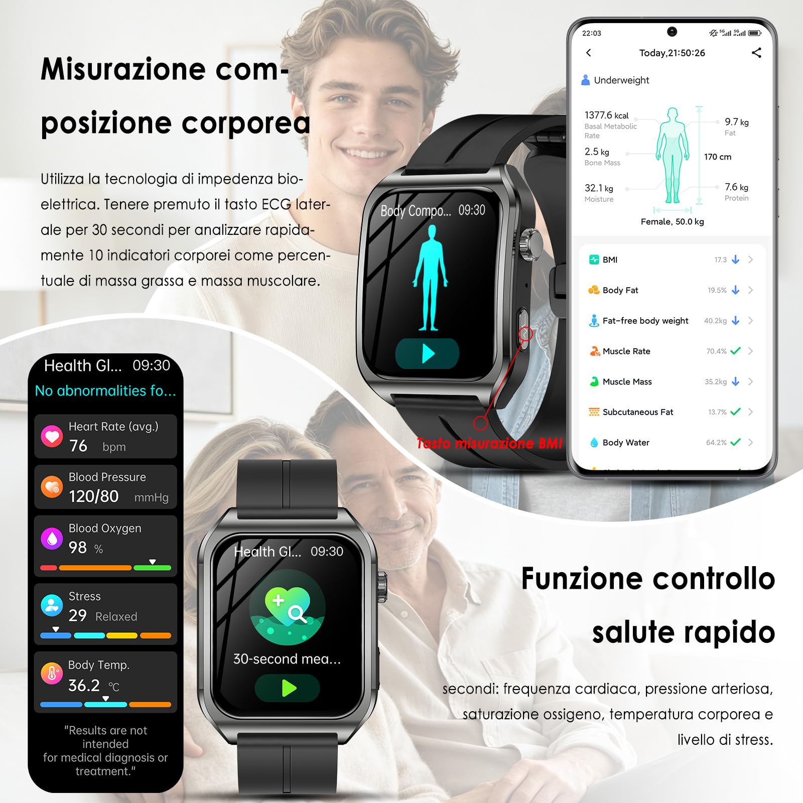 2026 Smartwatch Uomo con ECG+PPG/Pressione Sanguigna/Acido Urico/Sonno/BMI