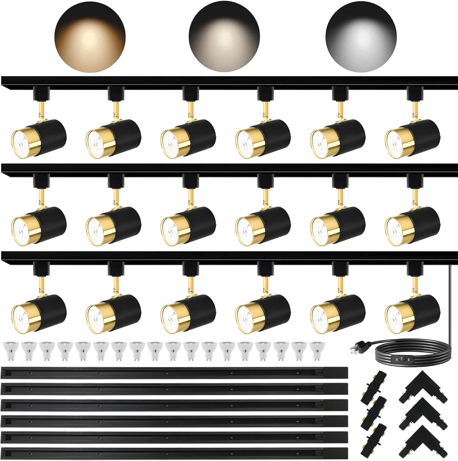Adjustable Black Golden GU10 3CCT 10W LED H Type Track Lighting Kit with 18PCS Replaceable GU10 Bulbs and 19.6FT Track Rails, Luxurious and Modern Stylish Design, Dimmable Brightness