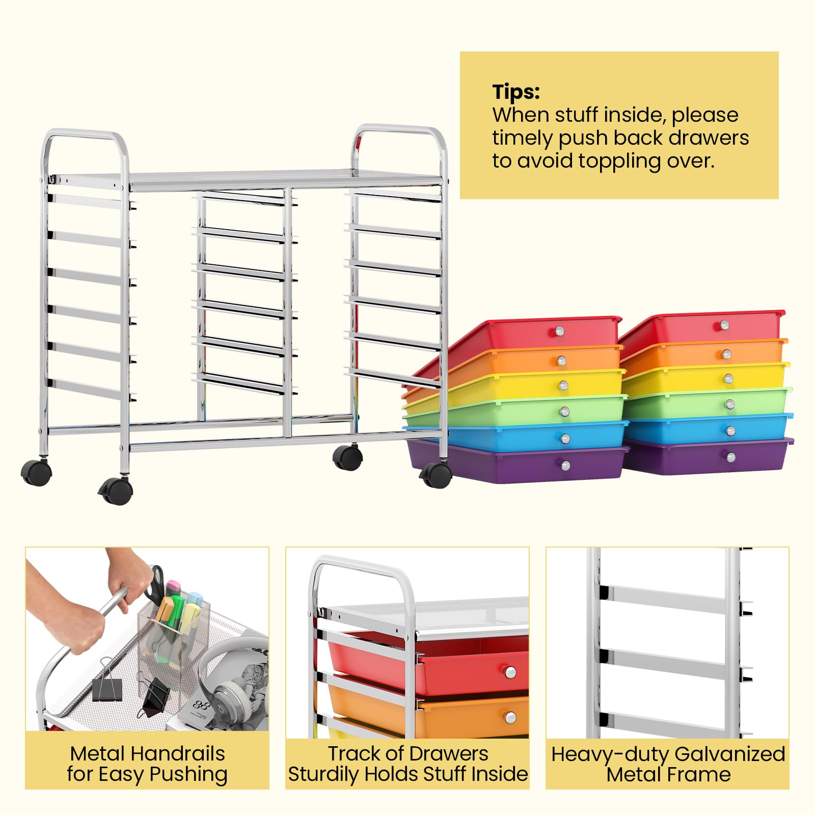 GIANTEX Chariot de Rangement, 12 Tiroirs, roulettes Pratiques, Grande Planche de Travail, Poignées Latérales, Glissières Douces, Chariot Polyvalent pour Salon, Cuisine, Bureau (Multicolore)