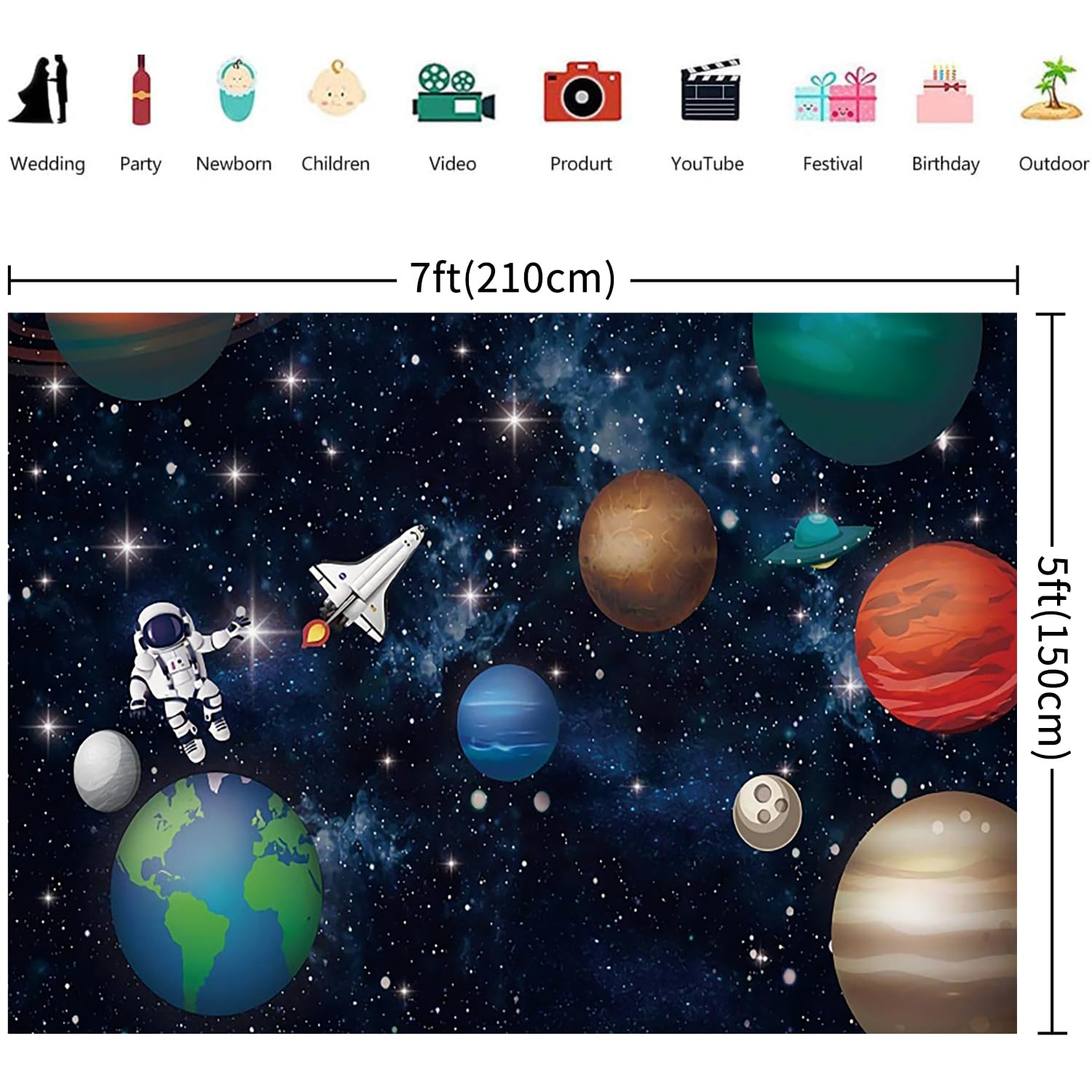 2.1x1.5m Sfondo Spazio Universo Pianeta Stella Galassia Astronauta Razzo Fotografia Sfondo Bambini Ragazzi Ragazze Feste di Compleanno Decorazioni Banner Photo Booth Props