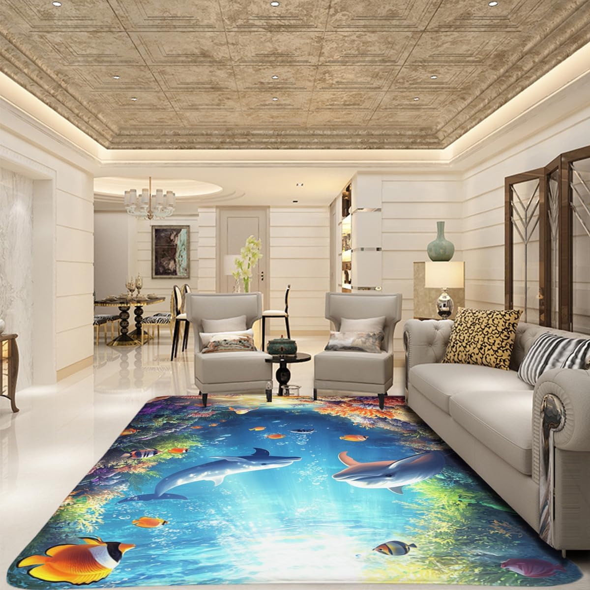 Dolphins swimming happily in the ocean, colorful seaweed bio rug, washable non-slip rug suitable for Children's room decoration, suitable for living room and kitchen hallway indoor rug 24x36inch