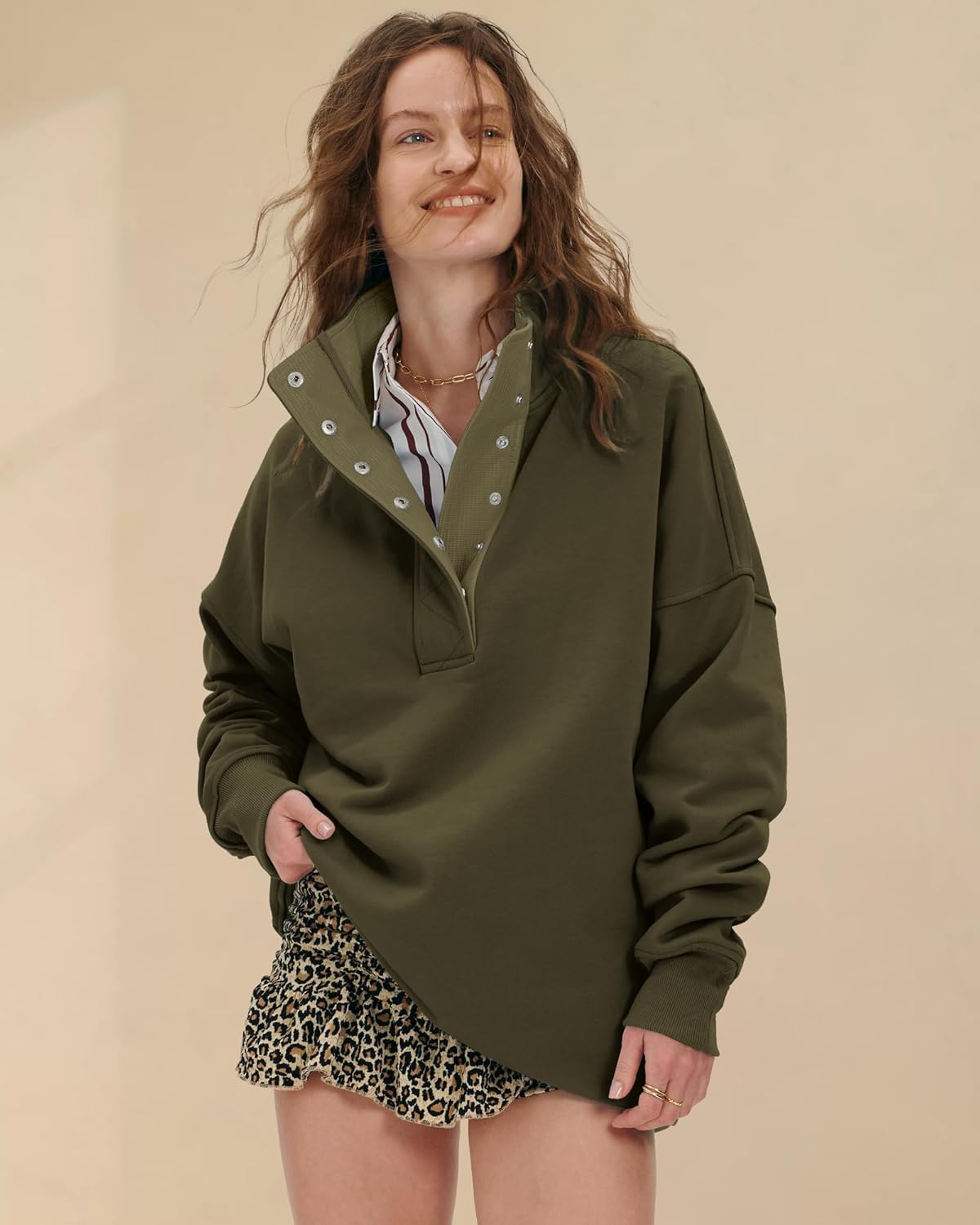 Locachy Womens Casual Button Henley Neck Cotton Oversized Sweatshirt Long Sleeve Pullover Tops Outfits - Image 2