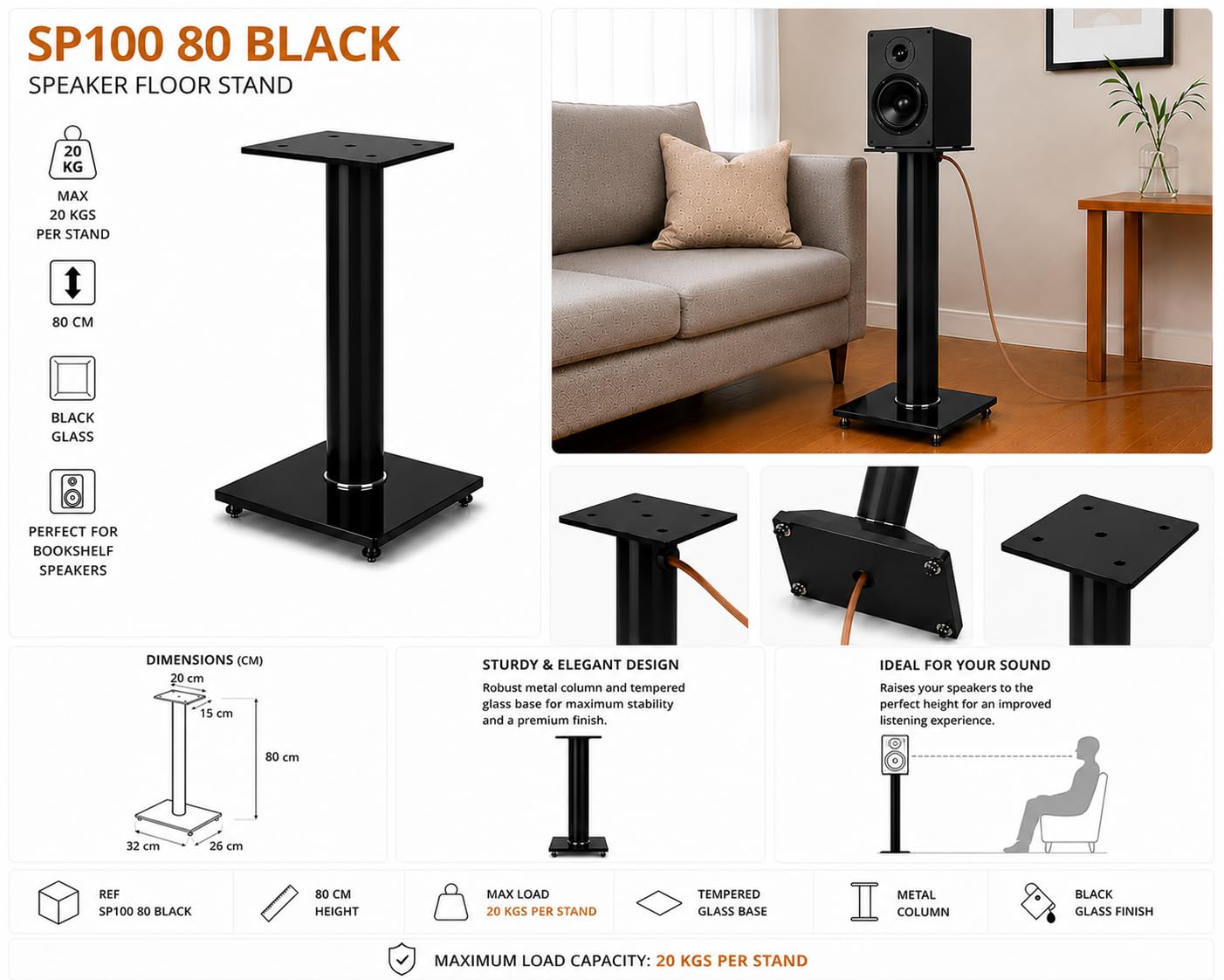 Sonorous SP100-80 Nero – Supporti da Pavimento per Diffusori 80 cm (Coppia) | Alluminio e Vetro Temperato | Fino a 20 kg per Supporto | Gestione Cavi Integrata.