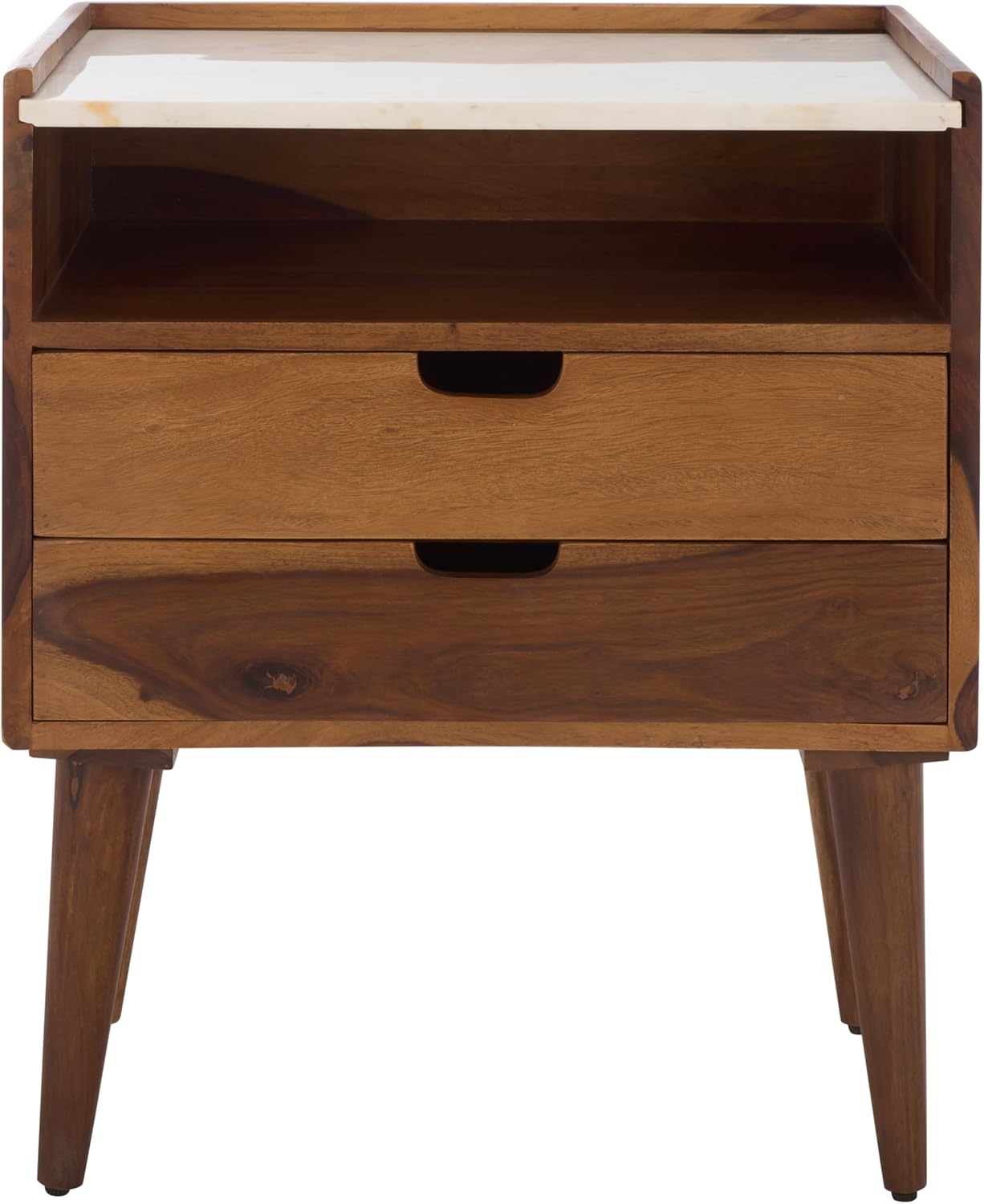 SAFAVIEH Home Collection - Alexi 2-Drawer Nightstand Table with White Marble Top, Brown Mid-Century Bedside Storage, Fully Assembled (NST3701A)