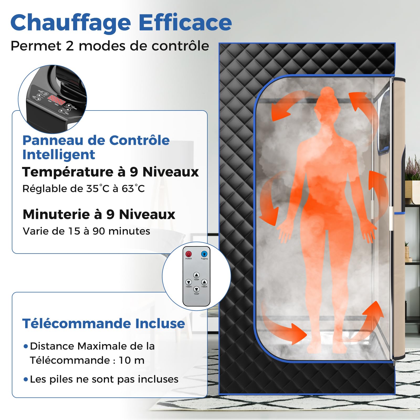 COSTWAY Sauna à Vapeur Portable 3L avec Chaise Pliable pour Tout le Corps, Tente de Sauna pour 1 Personne avec 9 Niveaux Température Masseur de Pieds Minuterie, pour Relaxation à la Maison (Noir)