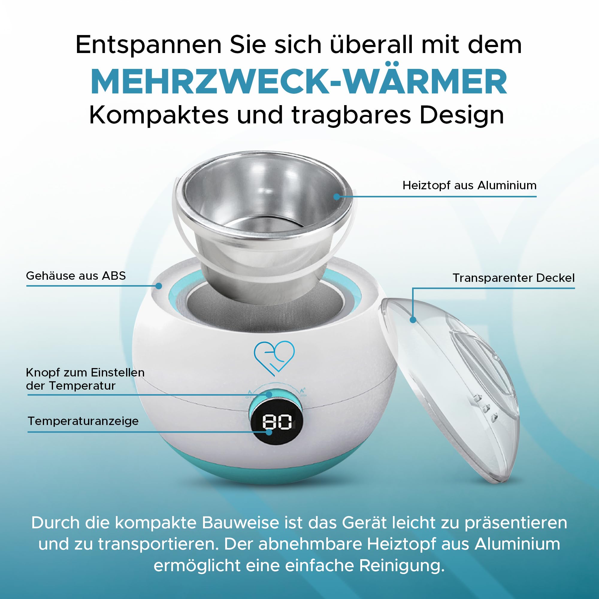 Elektrischer Mehrzweck-Massagegel- und Ölwärmer, Wachsschmelzer, mit Aluminium-Wärmetopf 500 ml, Temperaturregelung von 35 °C bis 125 °C, mit LCD-Anzeige