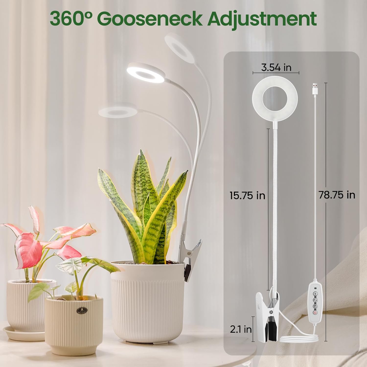 LORDEM Clip on Grow Lights for Indoor Plants, Full Spectrum LED Plant Lamp with Auto On Off Timer (6/8/12/16H) & 5 Dimmable Levels, Adjustable Gooseneck, 3 Light Modes for Small Plants, 2 Pack White