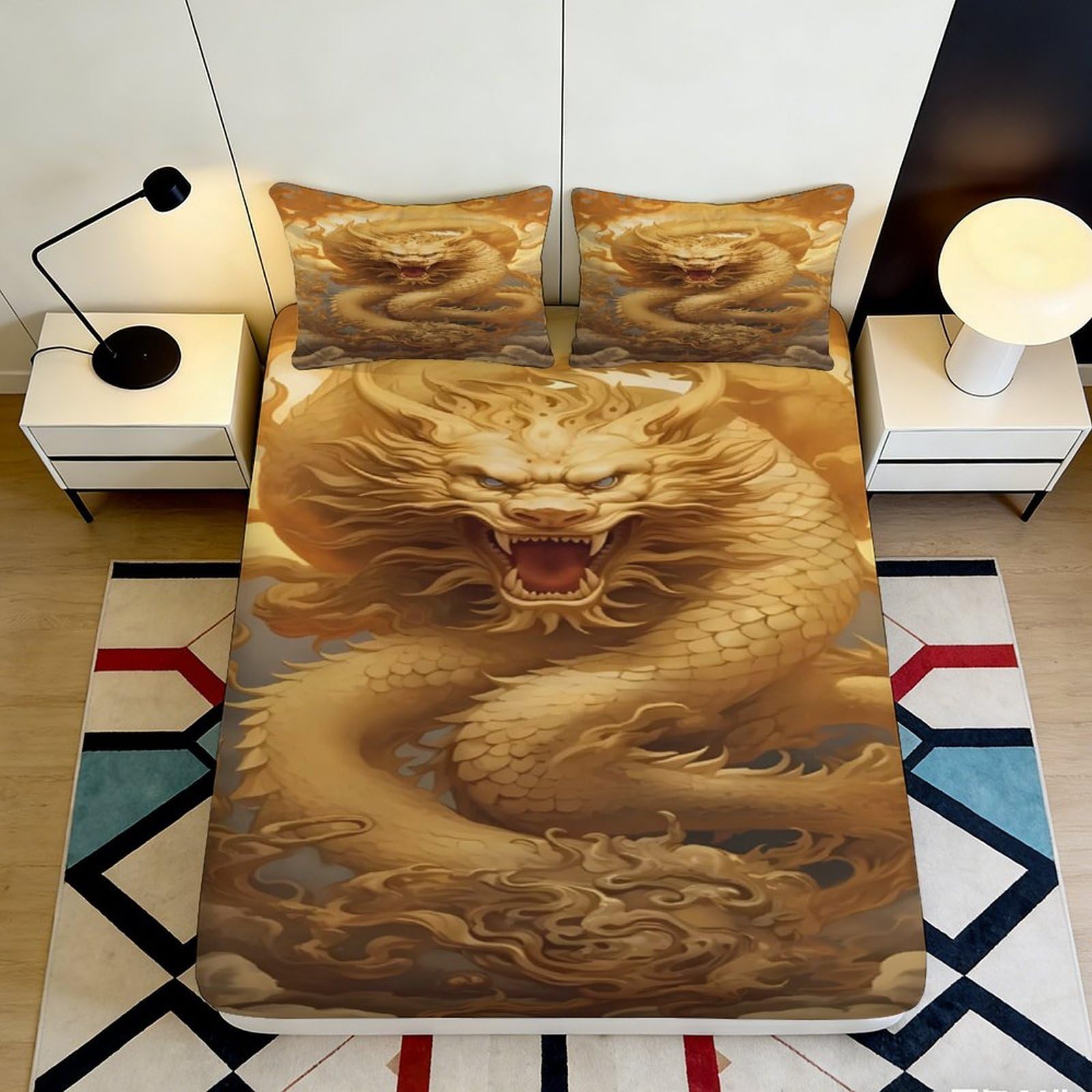 3D Printed Golden Dragon Fitted Sheet Microfiber Soft Durable 3D Printed Mystic Beast Mattress Cover for Bedroom Dormitory Guest Room Bed Protection 200x200x25cm