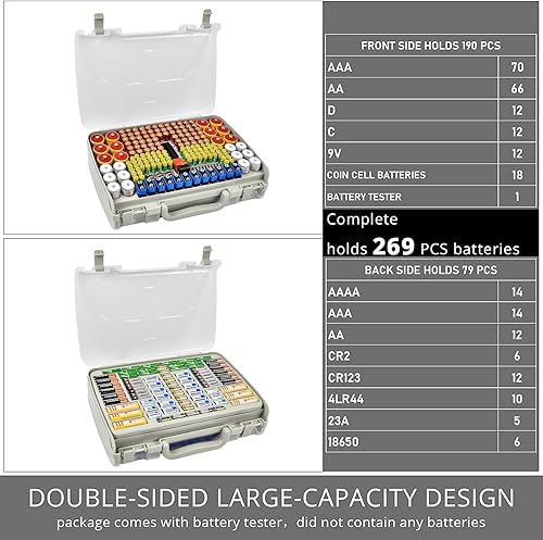 Miniatura 3 de Caja organizadora de baterías con probador, 269 baterías de doble cara, capacidad para pilas AA AAA 4A C D 9V 3V litio LR44 CR2 CR123 CR1632 18650