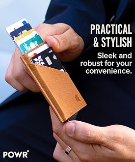 POWR Card Holder Wallet. Light Brown Vegan Leather RFID Card Holder for Men. Minimalist Wallet Credit Card Holders for Men. Pop Up Metal Slim Walet Credit Card Holder