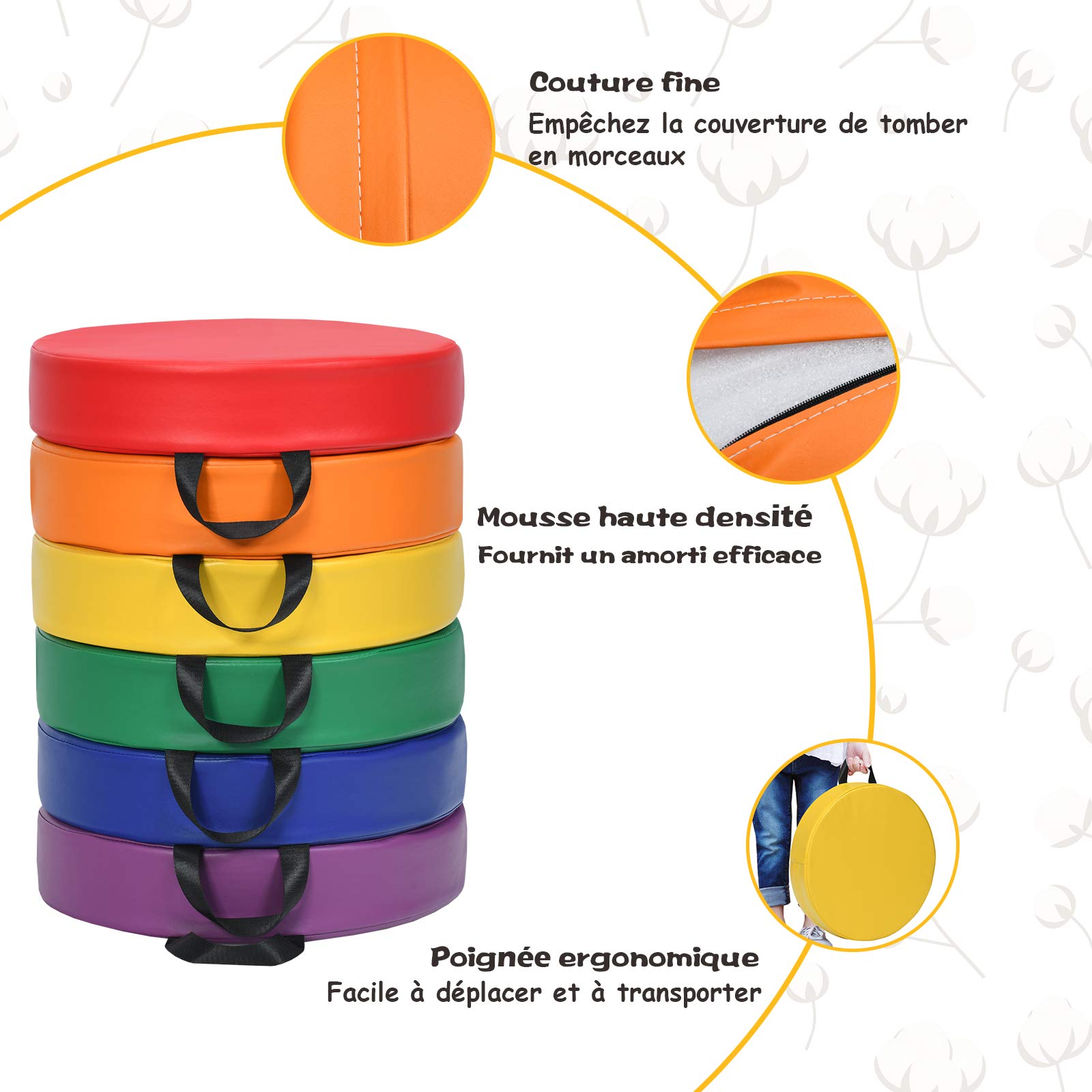 COSTWAY Lot de 6 Coussins de Chaise Enfant avec Poignées Portable, Coussins d'assise Rond 38 x 38CM Multicolores avec Fermeture Éclair & Surface en PU, Coussins de Siège Imperméable