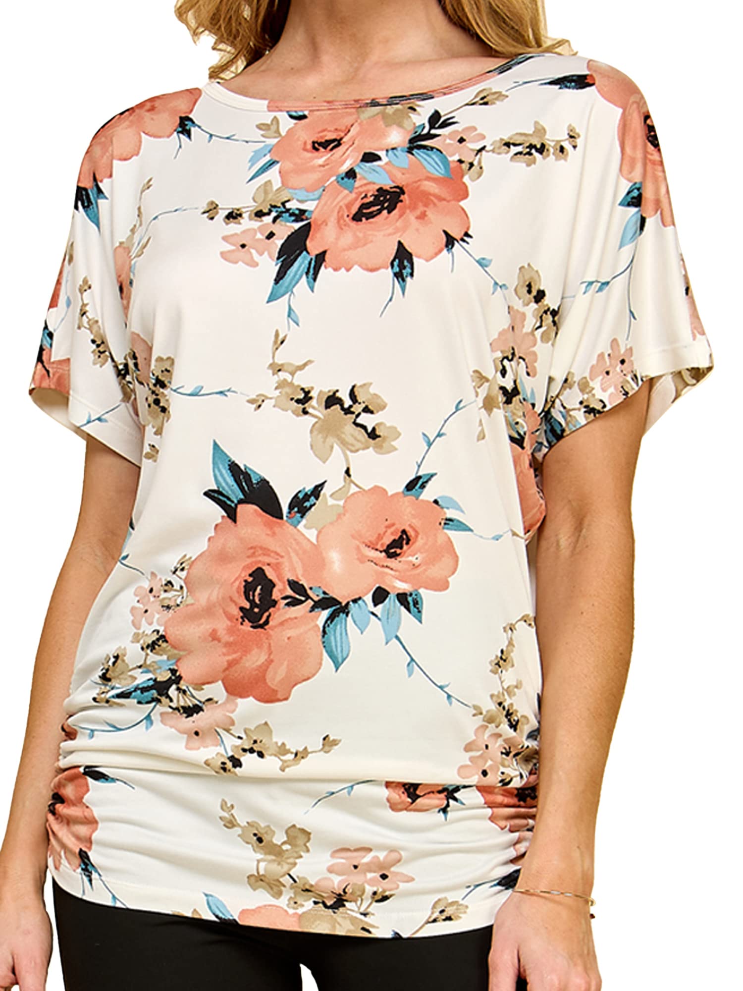 Made By Johnny Women's Casual Solid Short Sleeve Boat Neck/V Neck Dolman Top T Shirt with Side Shirring