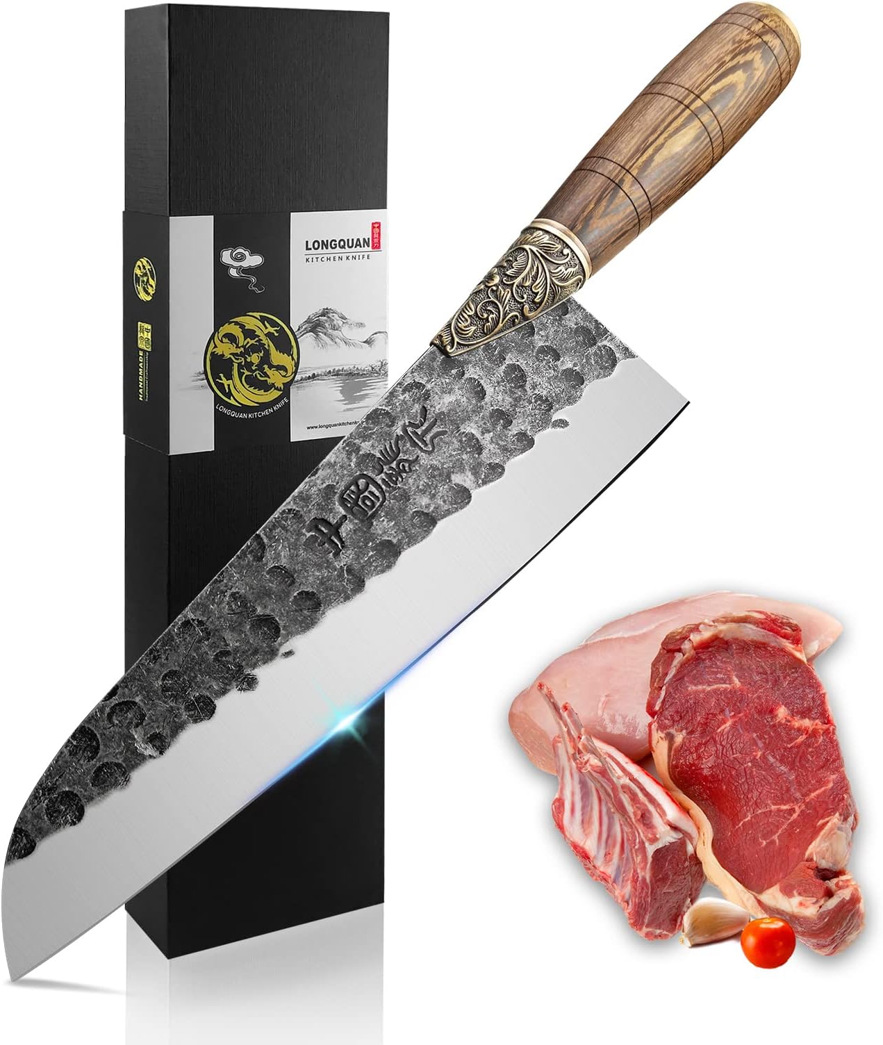 ZENG JIA DAOForged Santoku Knife - LongQuan Ultra Sharp Chef Knife Asian Knife - 8 Inch handmadeand forged in Fire Knives -Wood Handle with 9Cr18MoV Steel with Gift Box