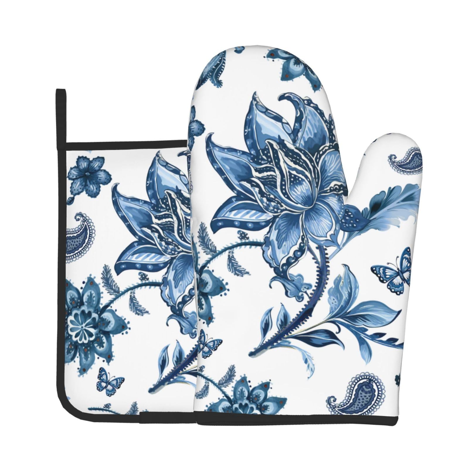 Blue Floral Oven Mitts and Pot Holders Sets - White Farmhouse Kitchen Mitts Potholders 2 Pack Heat Resistant Vintage Botanical Oven Gloves Hot Pads for Kitchen Baking Grilling Party