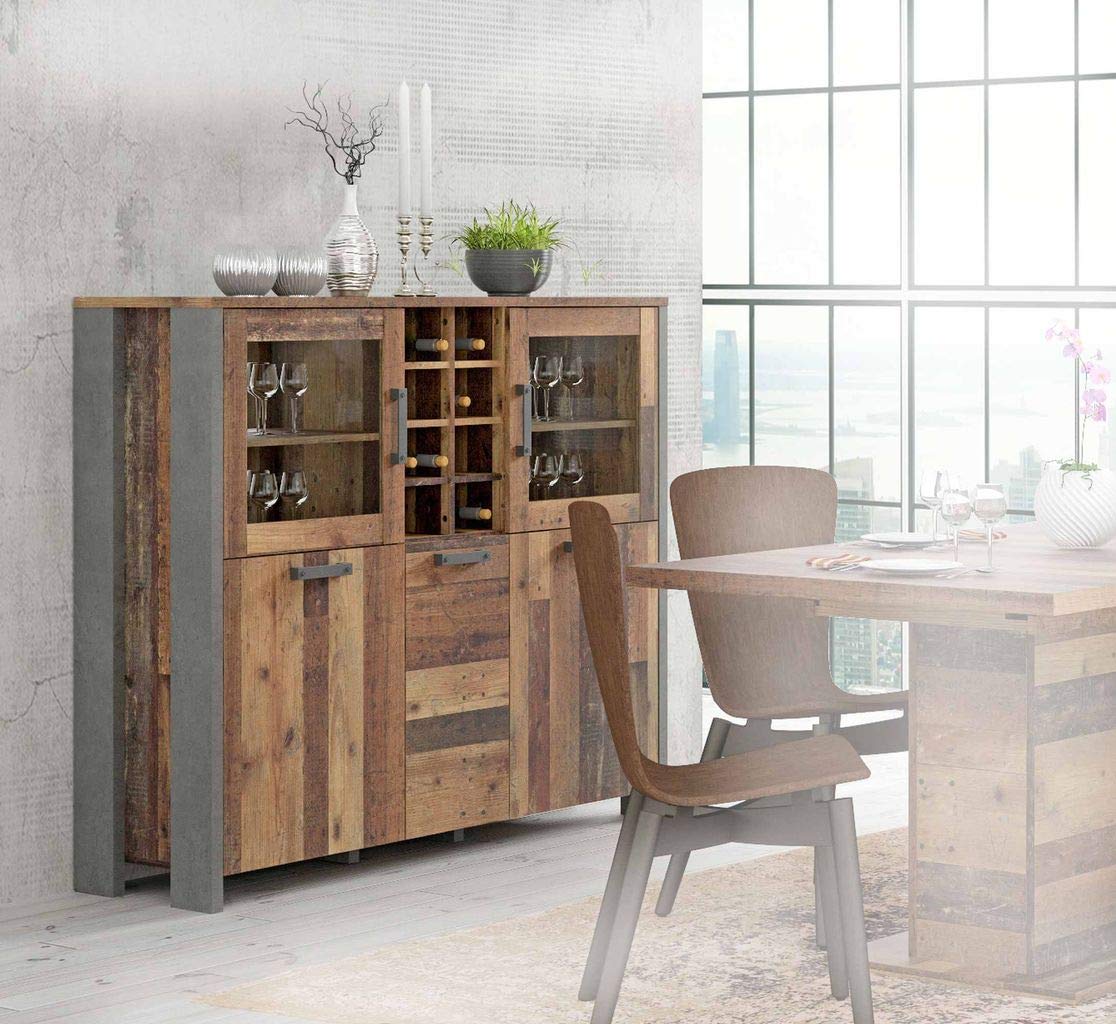 FORTE Clif Highboardvitrine mit 3 Türen unf 2 Glastüren, Holzwerkstoff, Old –Wood Vintage/ Betonoptik Dunkelgrau, 151,3 x 125,4 x 41,5 cm