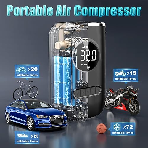 Miniatura 2 de Supfoto Inflador de neumáticos, compresor de aire portátil, bomba de aire inalámbrica de 150 PSI para neumáticos de automóvil con batería de 4000