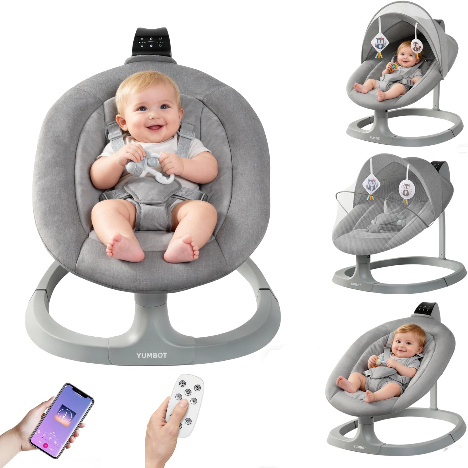 YUMBOT Babywippe Elektrisch,elektrische Babyschaukel mit 5 Schwinggeschwindigkeiten,Mobile App Steuerung und Fernbedienung,0 bis 12 kg, Tragbar Leicht Wippe Baby Elektronisch,Hellgrau