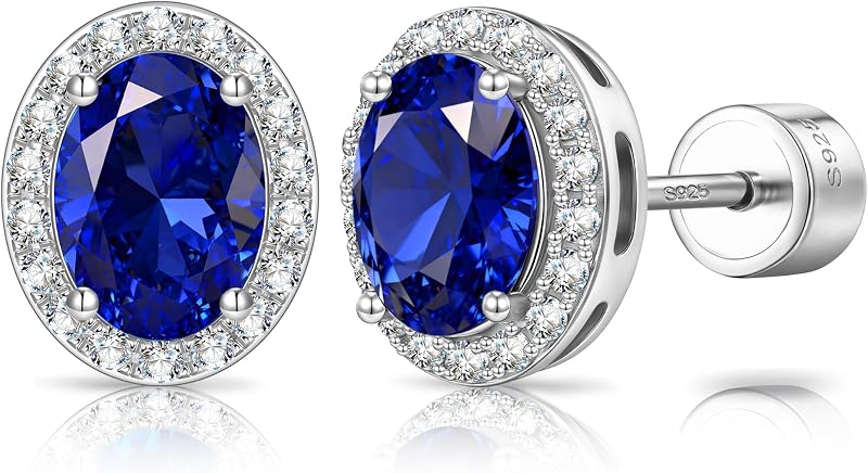 Certified Lab Grown Blue Sapphire Flat Back Stud Earrings, September | September Birthstone, 2.4CTTW, Royal Blue, Halo, White Gold Plated Sterling Silver, Hypoallergenic, Box & Certificate