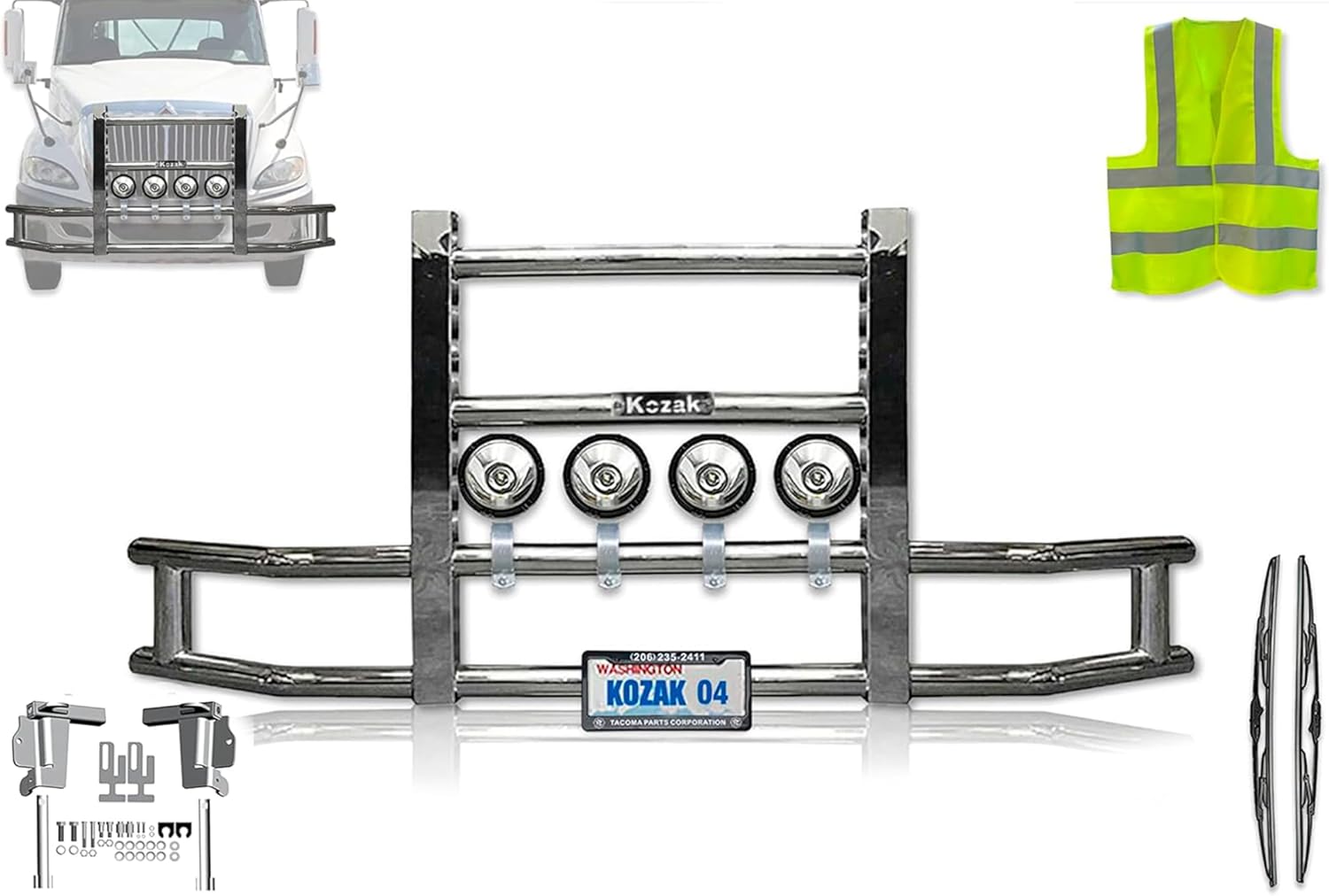 KOZAK Front Grille Moose Bumper Guard with Round 4x 6 LED Lights with Mounting Brackets Compatible with International Prostar PLUS Logo, License Plate Holder and Frame, 2x Wipers and Vest