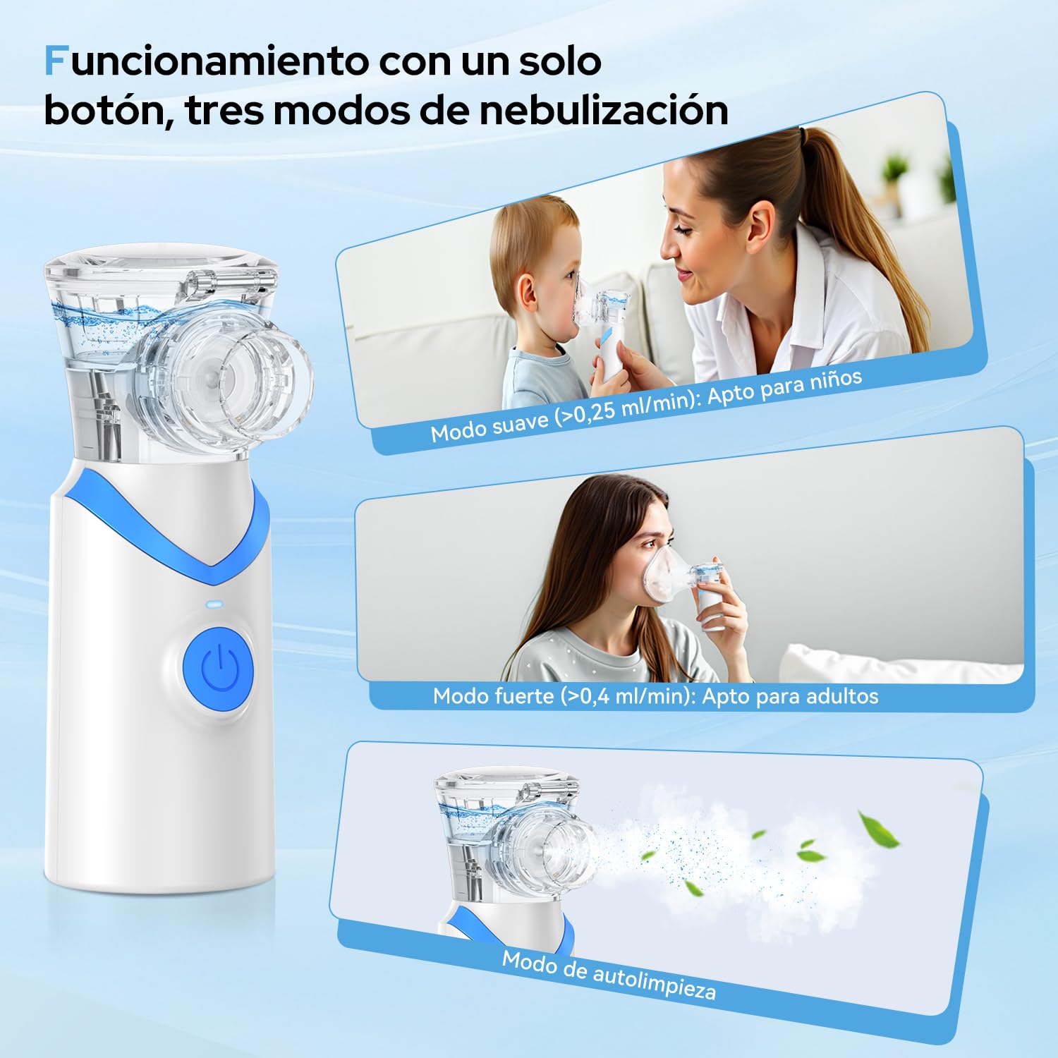 Nebulizador Adultos, Nebulizador Portátil Recargable para Adultos y Niños, Larair Nebulizador silencioso con función de autolimpieza y Volumen de pulverización Ajustable, Recargable y portátil.