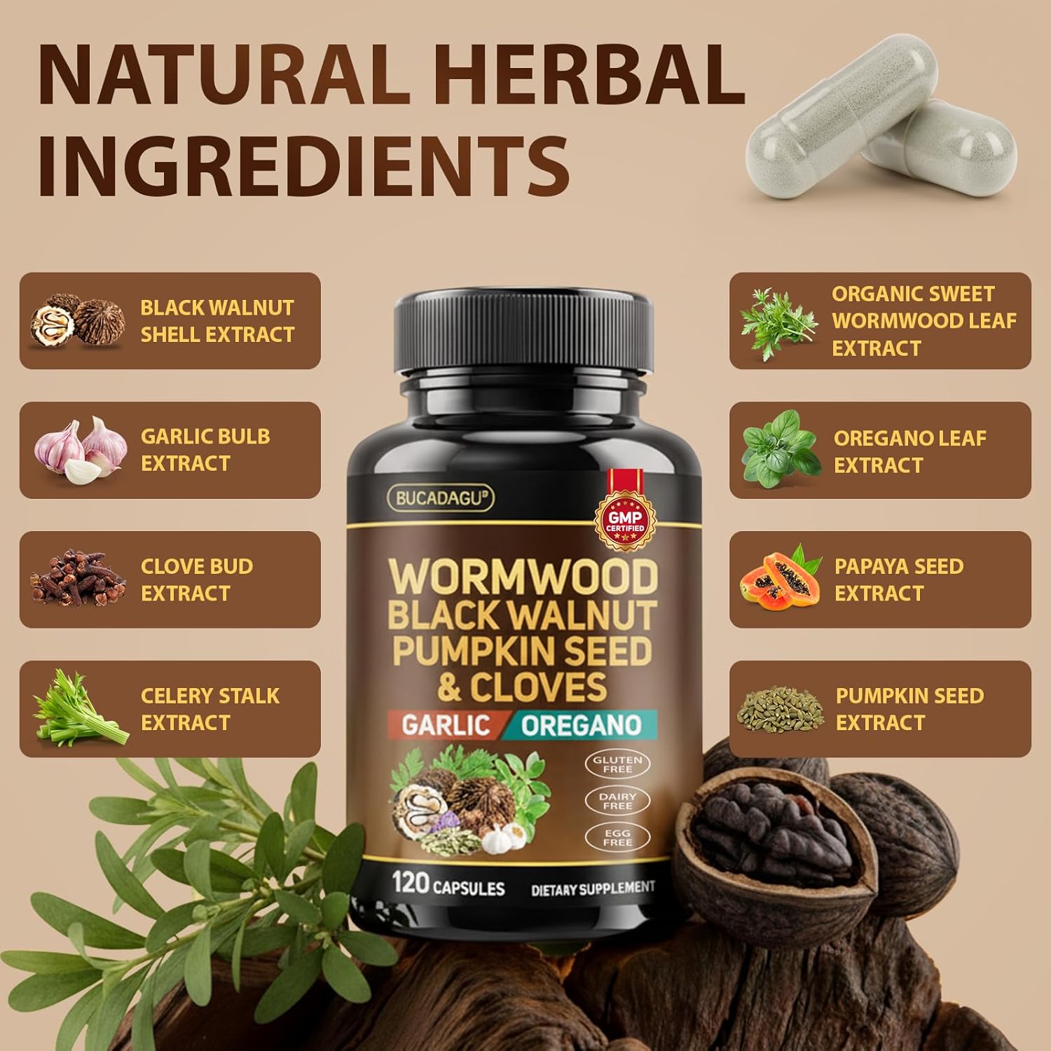 Wormwood Black Walnut Clove Cleanse for Humans - Natural Gut Cleanse & Digestive Health with Pumpkin Seed Garlic Oregano Neem Papaya Turmeric Diatomaceous Earth Probiotic Supplement Vegan Capsules - Image 3