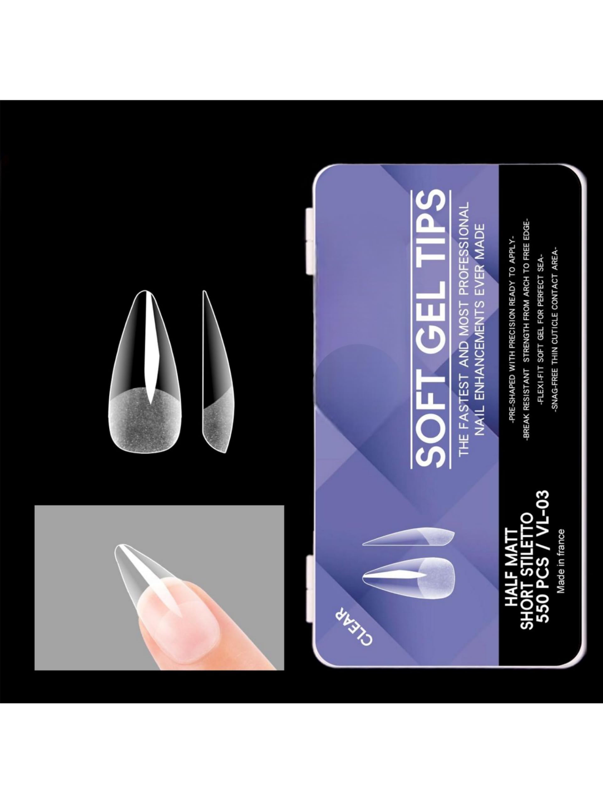550 Pieces Soft Gel Clear Nail Tips, Stiletto Shape, Medium Size for Extensions, DIY Nail Art, Modern Theme (Half Matte Short Stiletto)