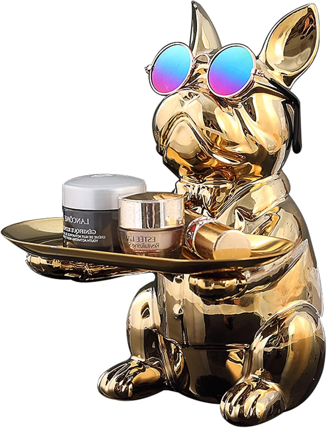 French Bulldog Statue Resin Bulldog Sculpture Storage Tray Statue Coin Piggy Bank Candy Dish for Office Multifunction Office Home Table Decor,Gray