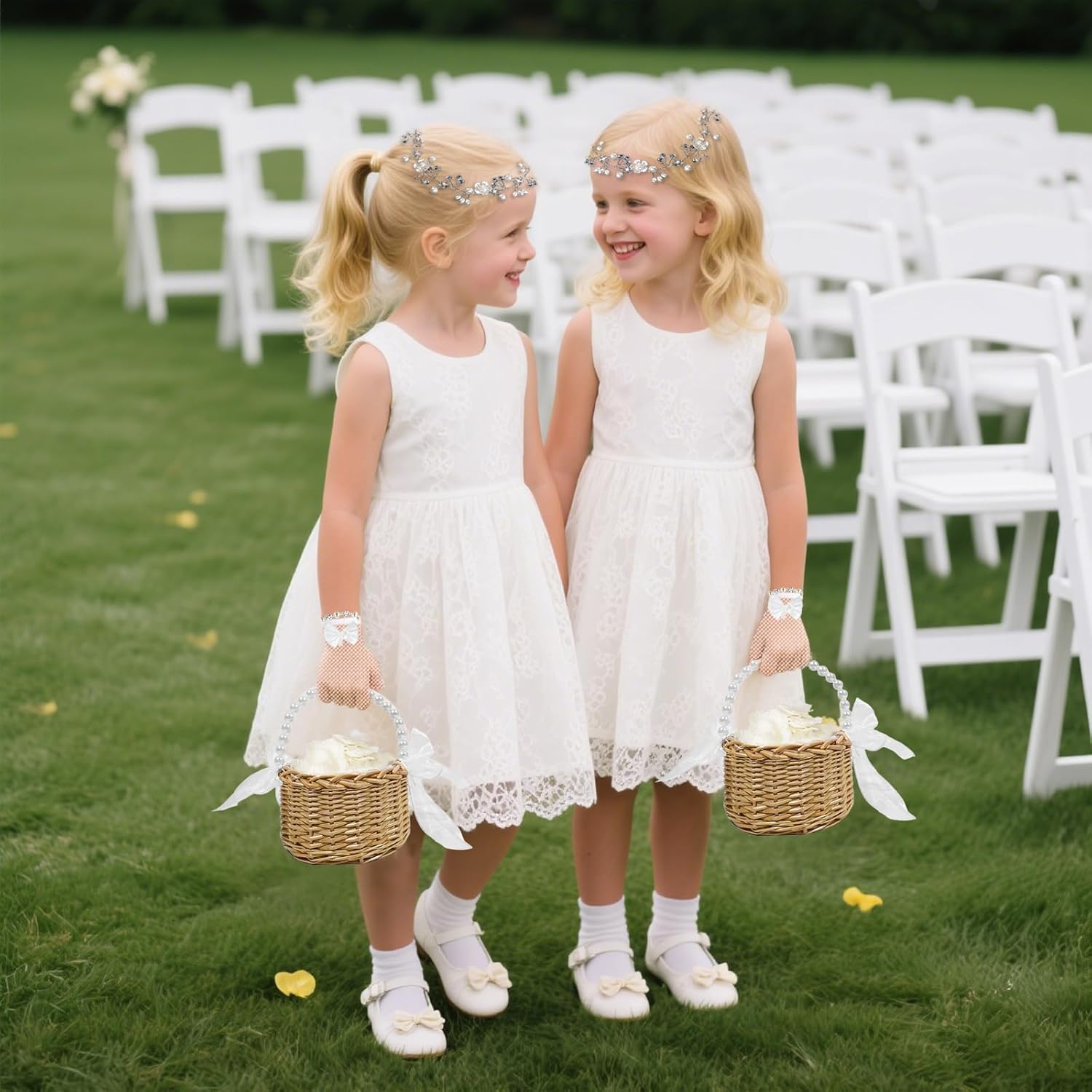 FEXICHUJI 5 Pcs Flower Girl Basket Wedding Set, Flower Girl Jewellery Kit Accessories with Headband Bracelet Gloves Basket and Ivory Petals (Wicker Rattan Basket)