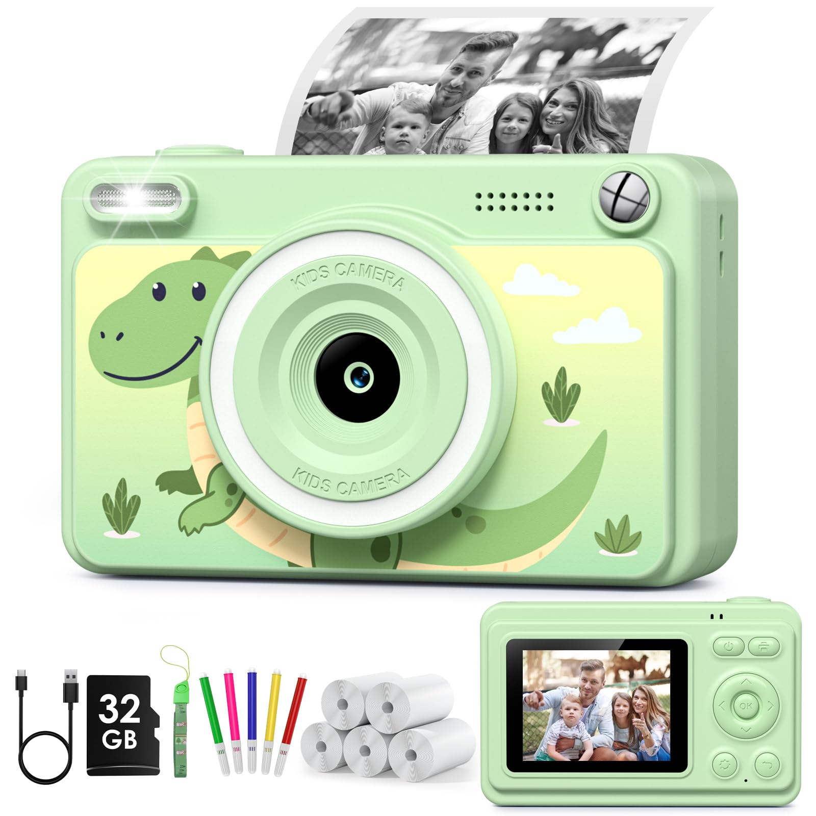 GREENKINDER Camara Fotos Infantil Instantanea,HD/1080P Cámara Instantánea para Niños con Tarjeta de 32GB y 5 Rollos de Papel Térmico,Camara Fotos Infantil Regalos de Juguete para Niños de 3 a 12