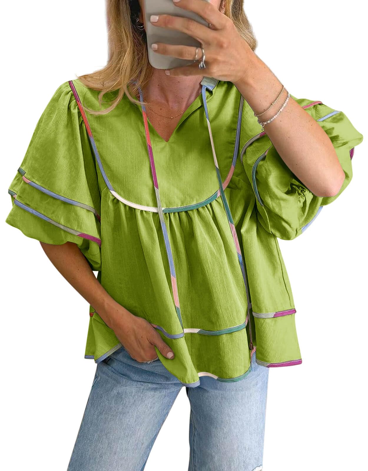 Cicy Bell Womens Summer Babydoll Tops V Neck Short Lantern Sleeve Shirts Cute Loose Fit Peplum Flowy Blouses