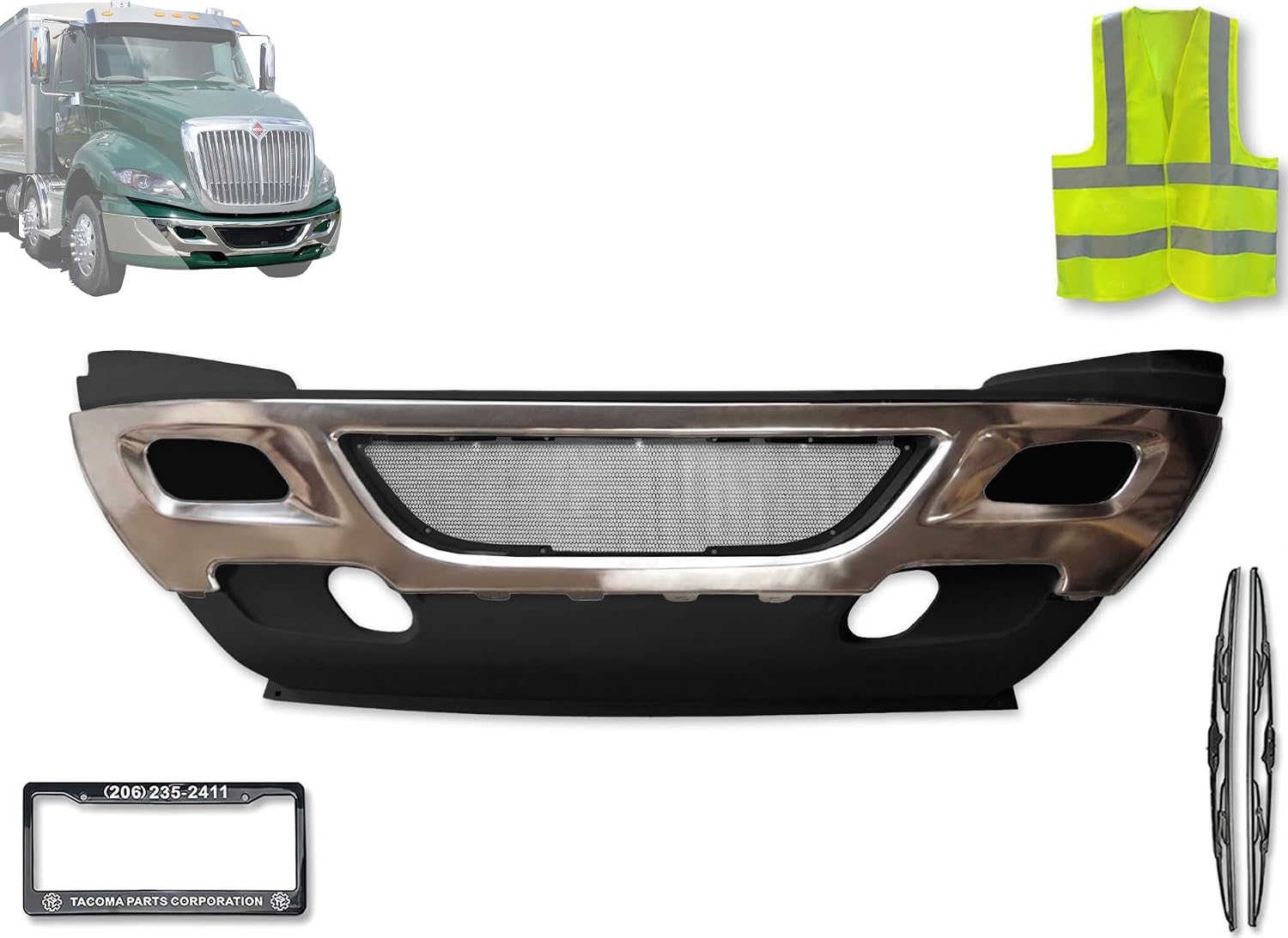 KOZAK Replacement PLASTIC Center Bumper Cover with Stainless Steel Trim and Grille Screen Compatible with International Prostar 2008-2015 PLUS Logo, Wipers, License Plate Frame and KOZAK Vest