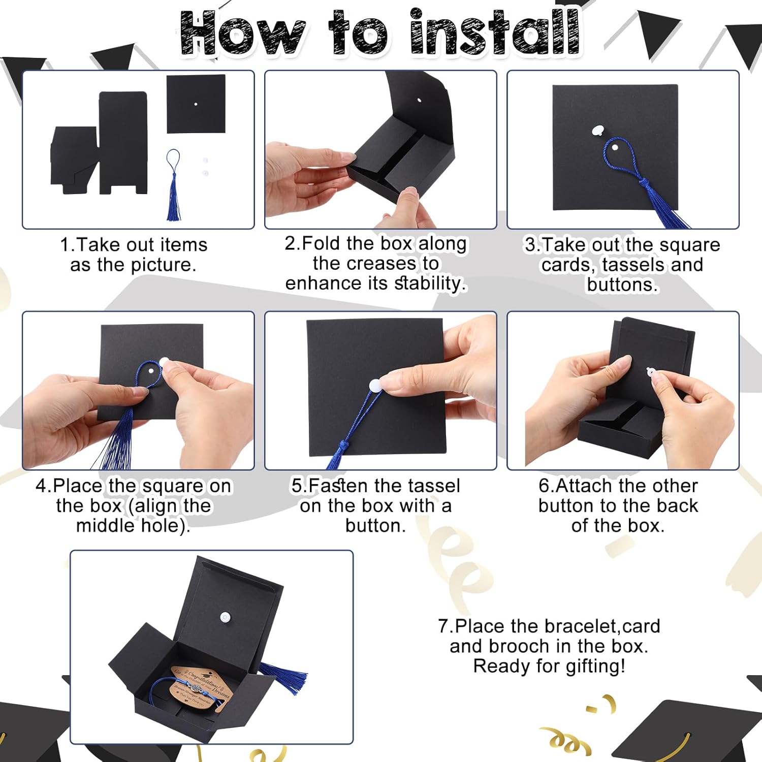 Cunno 50 Sets 2025 Graduation Gifts Bulk Include 50 Compass Bracelet 50 Graduation Cap Box with Tassel 50 Congratulations Cards, Graduation Party Favors Party Supplies for Him Her(Black Blue)