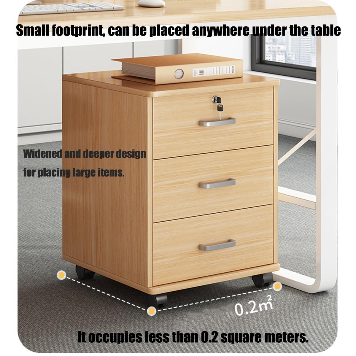 Aktenschrank mit 3 Schubladen, Holz, für Zuhause, Büro, abschließbar, A4, Briefablage auf Rollen, platzsparendes Design, 36,8 x 34 x 58,9 cm, Weiß
