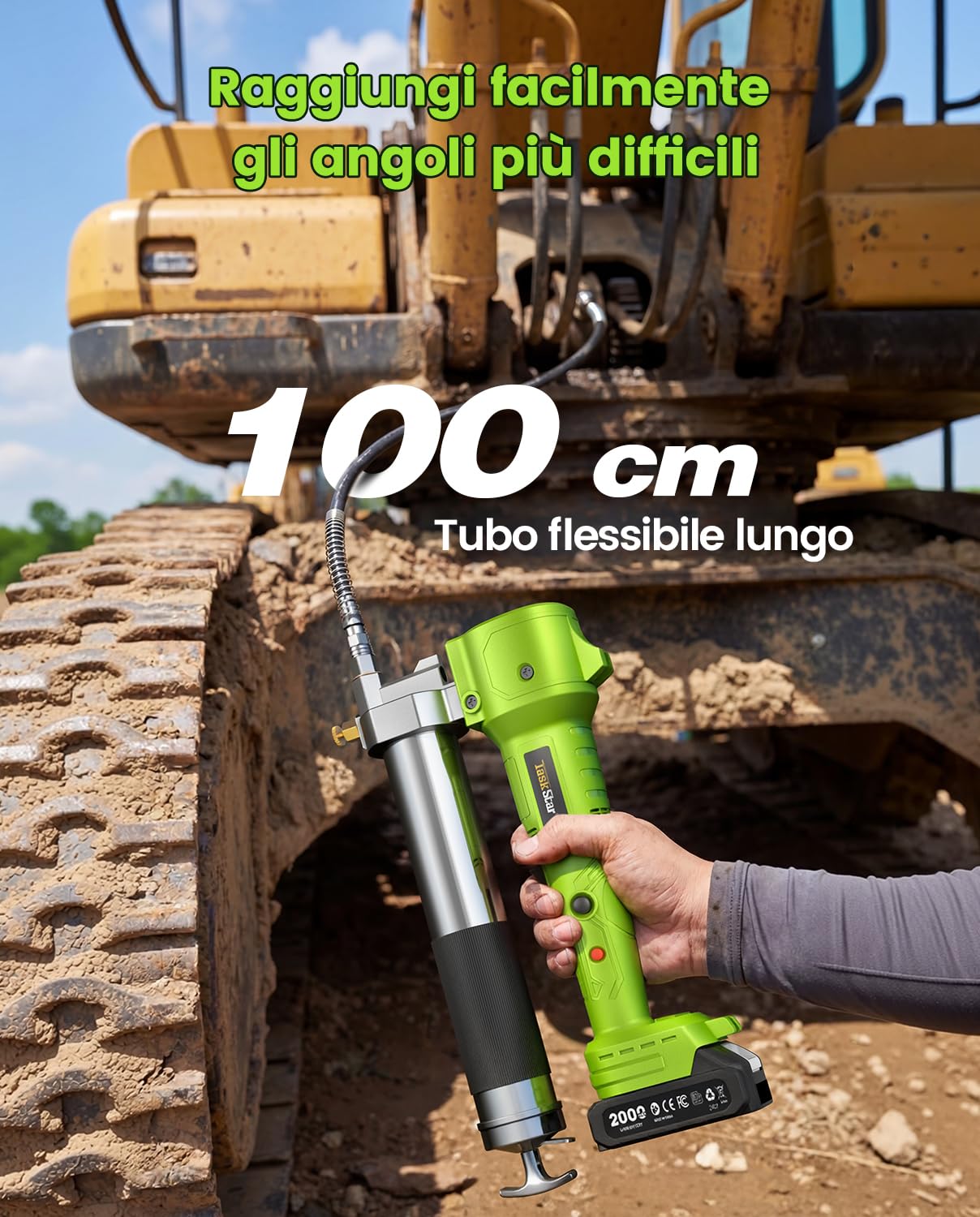 TaskStar Ingrassatore a Batteria, Pistola per Grasso Elettrica Super Efficiente con 2 Batterie e Caricabatterie, Tubo Flessibile da 39,4”, Ingrassatore da 10000 PSI con Luce LED Super Luminosa, Verde