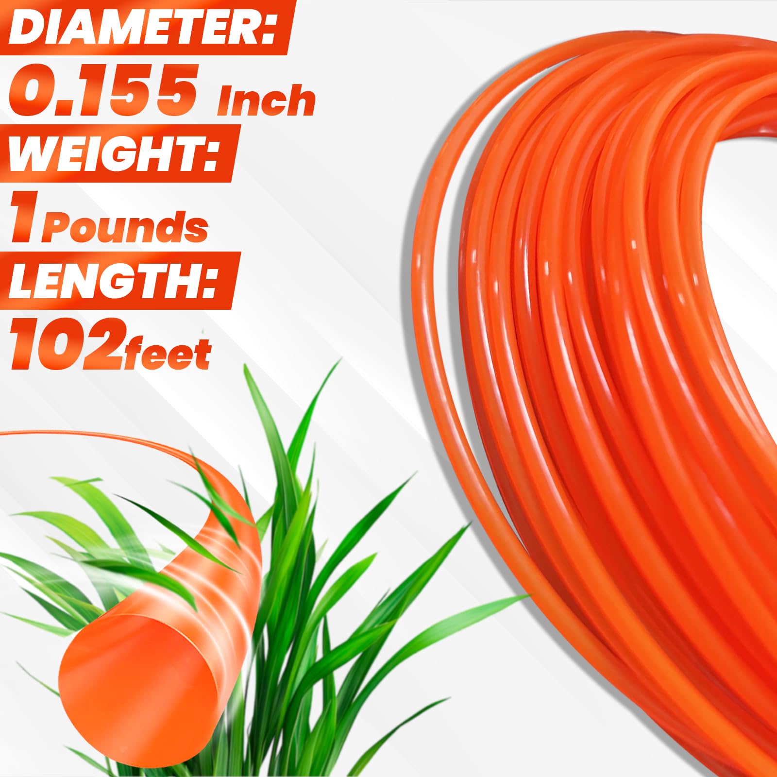Hongvchang 155 Weed Eater String Trimmer Line of 102 Feet, 1-Pound Round Weed Wacker String for Universal Replacement, Heavy Duty Commercial Grade Premium Nylon Trimmer Line (Orange)