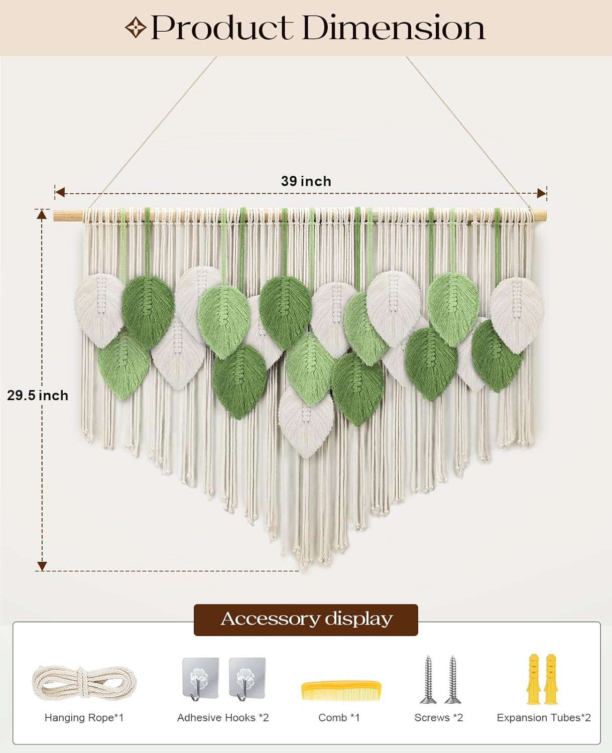 Tempospark Large Macrame Tapestry Wall Hanging, Boho Leaves Tassels Tapestries Wall Decor for Living Room, Bedroom, Dining Room, Nursery, Hallway, Balcony 39x29.5 Inch