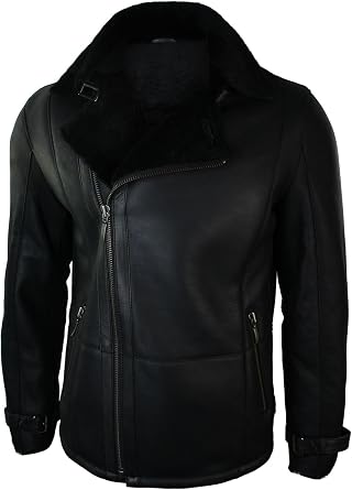 TruClothing Mens Winter Real Sheepskin Black Mid Length Fitted Designer Jacket Cross Zip