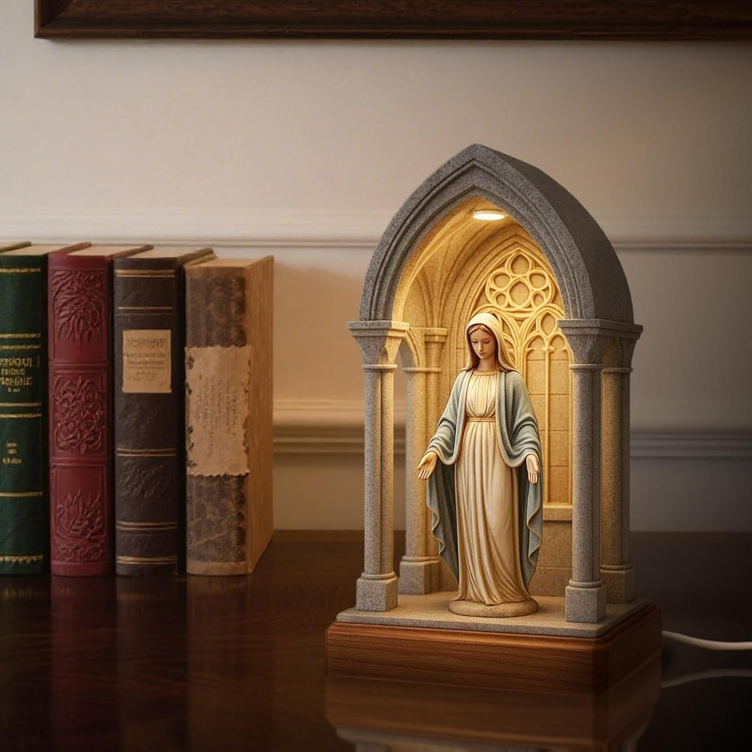 Gothic Cathedral LED Prayer Shrine Night Light, Religious Decor Table Lamp with Illuminated Arch, Gray Stone, Wood Base, 16 Inch (B)