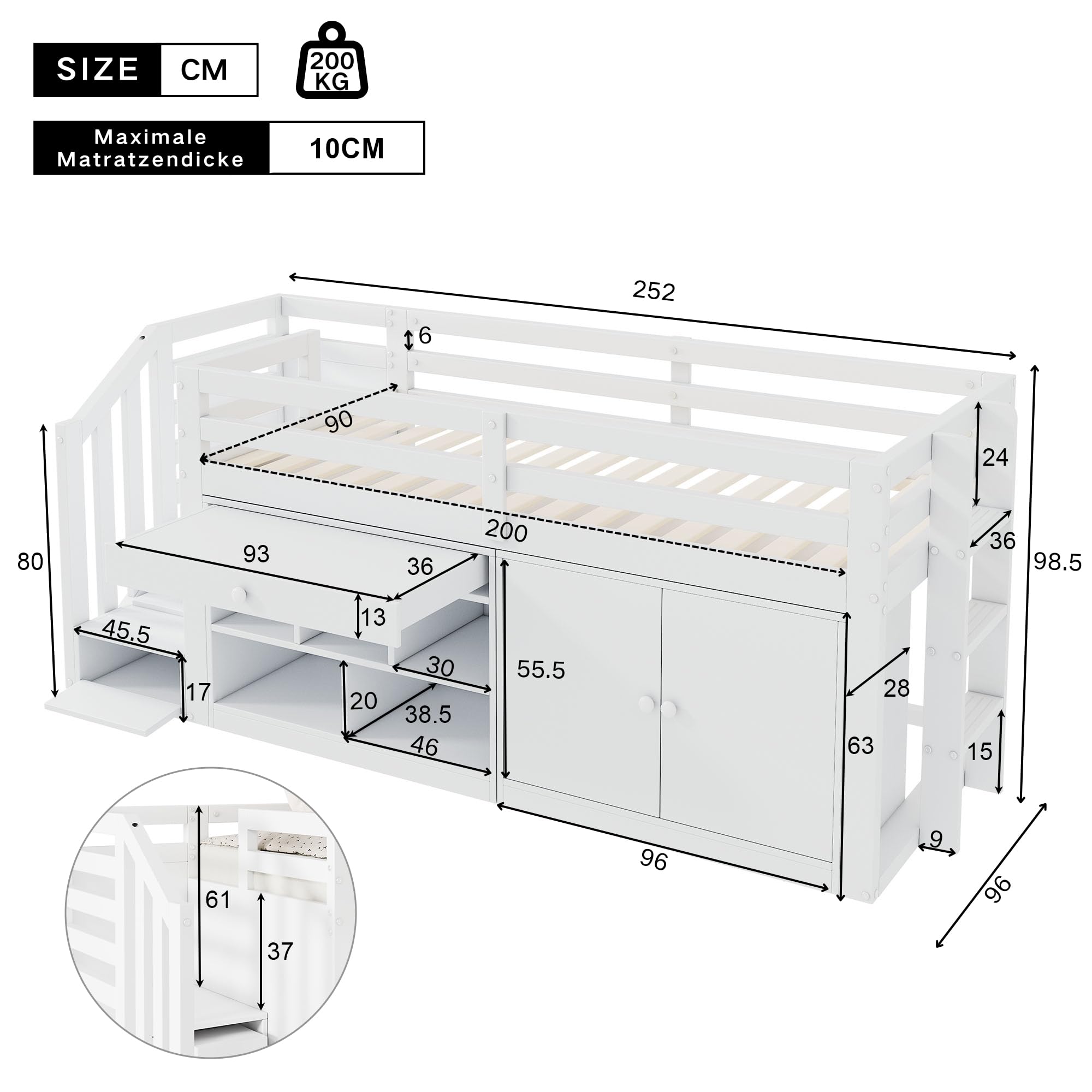 Hochbett 90x200 cm, Kinderbett mit Schrank, Treppe mit Stauraum, Funktionsbett mit Schreibtisch, Etagenbett Stockbett Jugendhochbett, ohne Matratze, Weiß