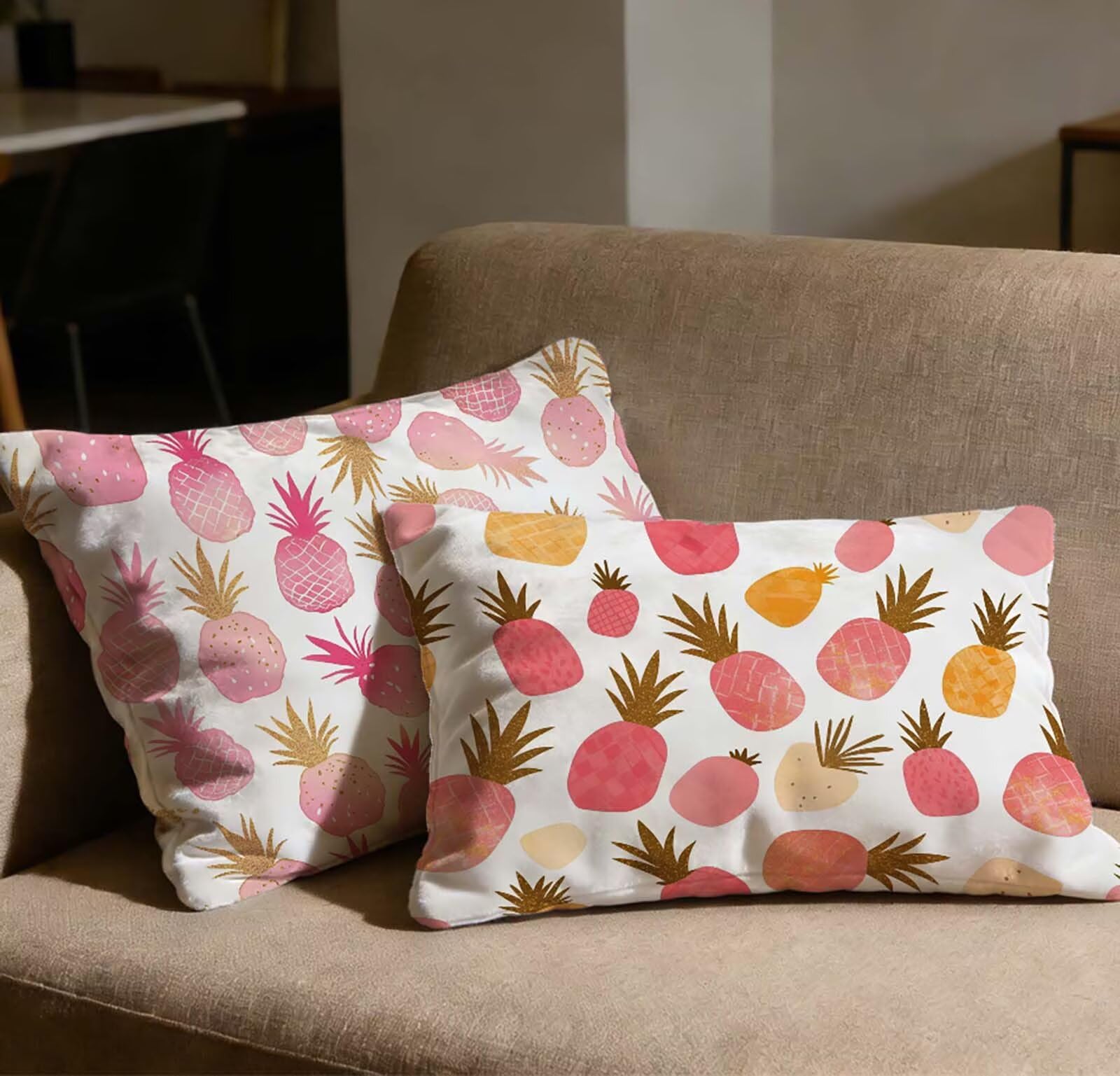 Taie d'oreiller 40x60 lot de 2 velours rose motif ananas, la douceur d'un nid douillet