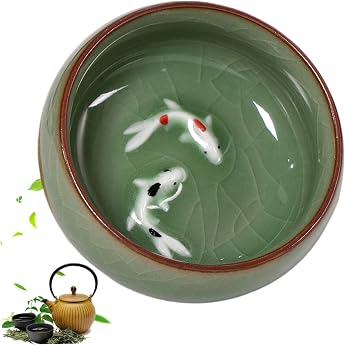 Chinese Tea Cup 2.56 x 1.18 Inch 2 oz..Chinese Langquan Celadon Tea Cup Features Natural Crinkle Pattern Kung Fu Tea Cups with Vivid Koi Fish