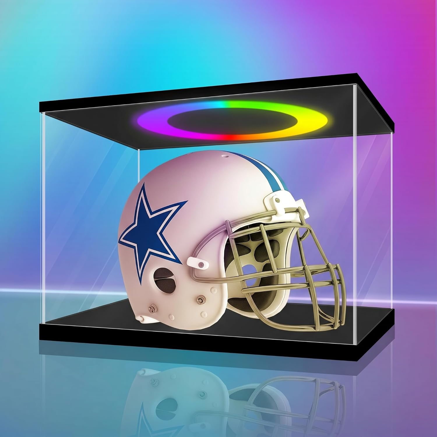 LANSCOERY Acrylic Display Case 15.8x11x11.8 in, 10mm Base, RGB Ring Light, 3mm Clear Panels, Front Door for Action Figures and Models