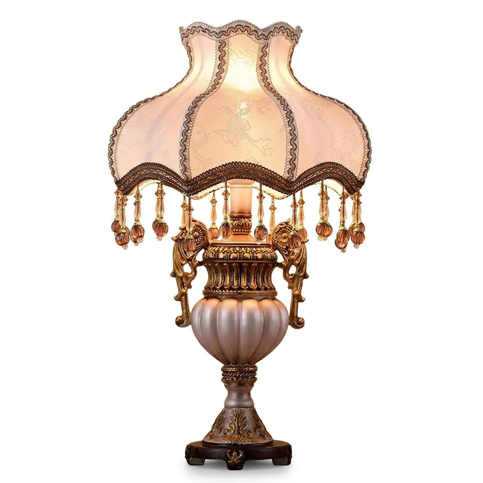 Victorian Style Desk Lamp, Antique Fabric Table Lamp for Living Room, Bedroom Nightstand, Romantic Coquette Home Decor, Floral Embroidery with Beaded Fringe & Hand-Painted Resin Base, 22" H(F)