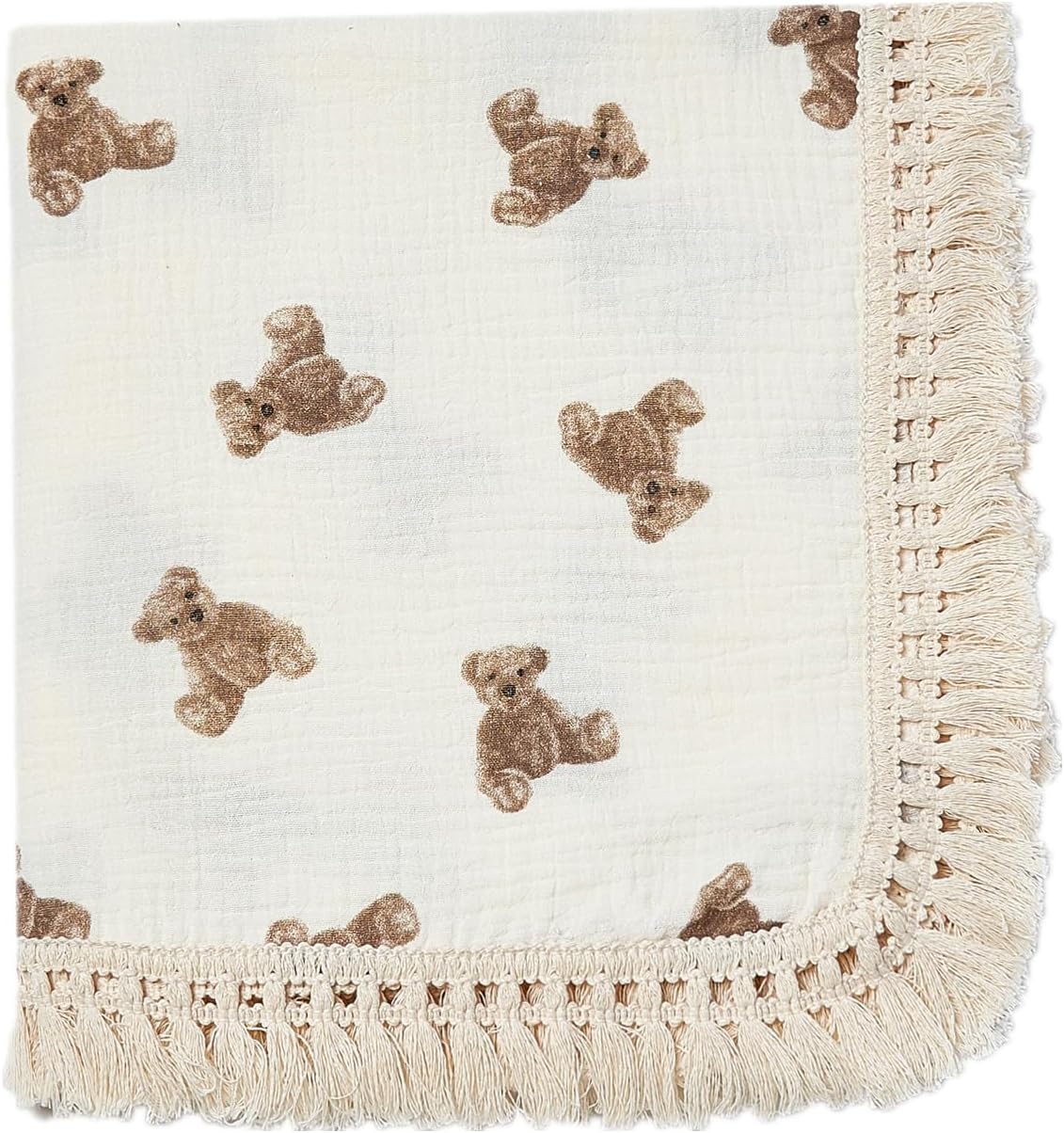 insular Cotton Muslin Baby Blanket with Tassel, Boho Bohemian Muslin Swaddle Blanket Baby Receiving Blanket with Fringe, Nursery Decor Throw or Nursing Blankets, 47" x40โ, Little Bear